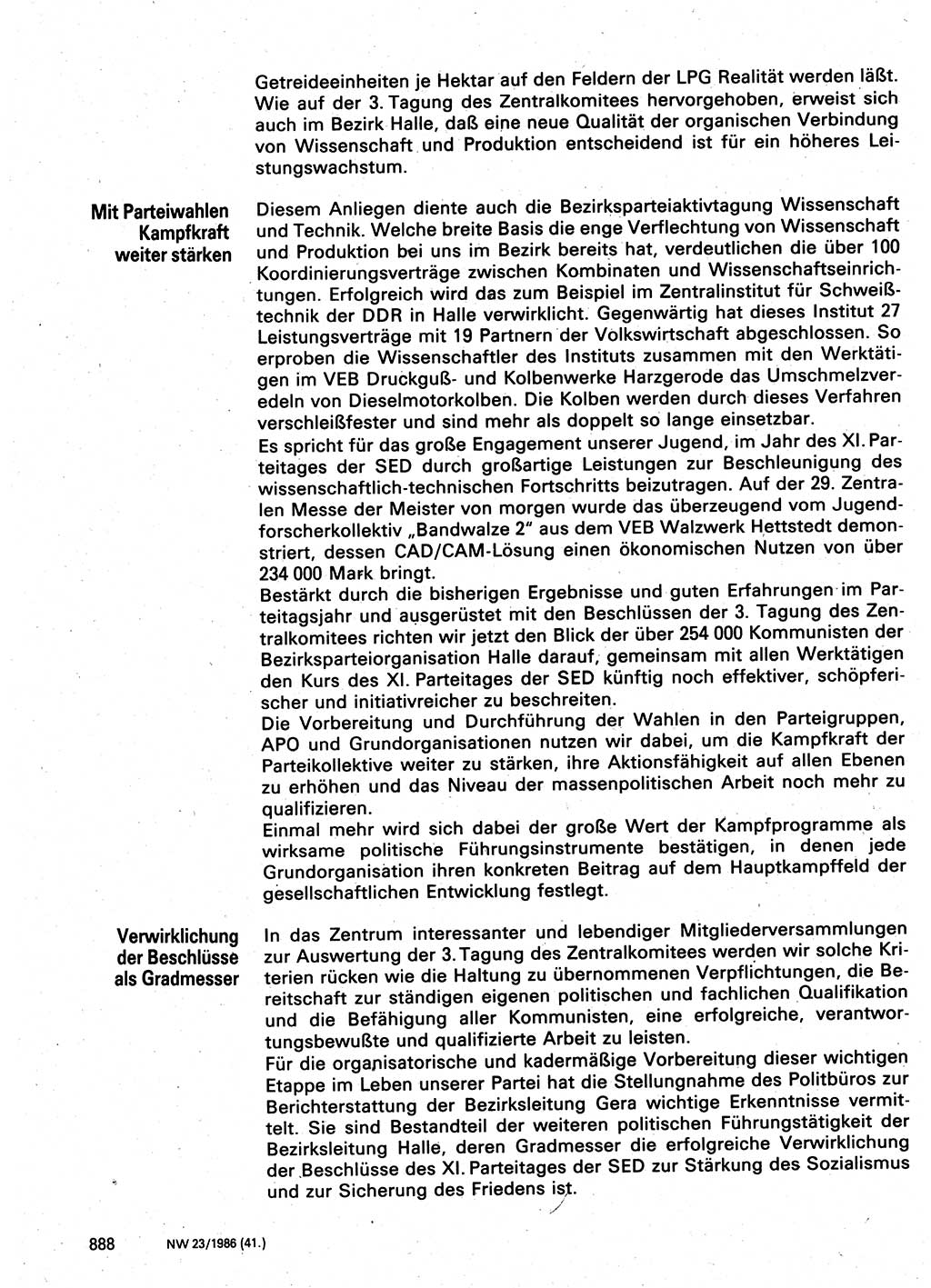 Neuer Weg (NW), Organ des Zentralkomitees (ZK) der SED (Sozialistische Einheitspartei Deutschlands) für Fragen des Parteilebens, 41. Jahrgang [Deutsche Demokratische Republik (DDR)] 1986, Seite 888 (NW ZK SED DDR 1986, S. 888)