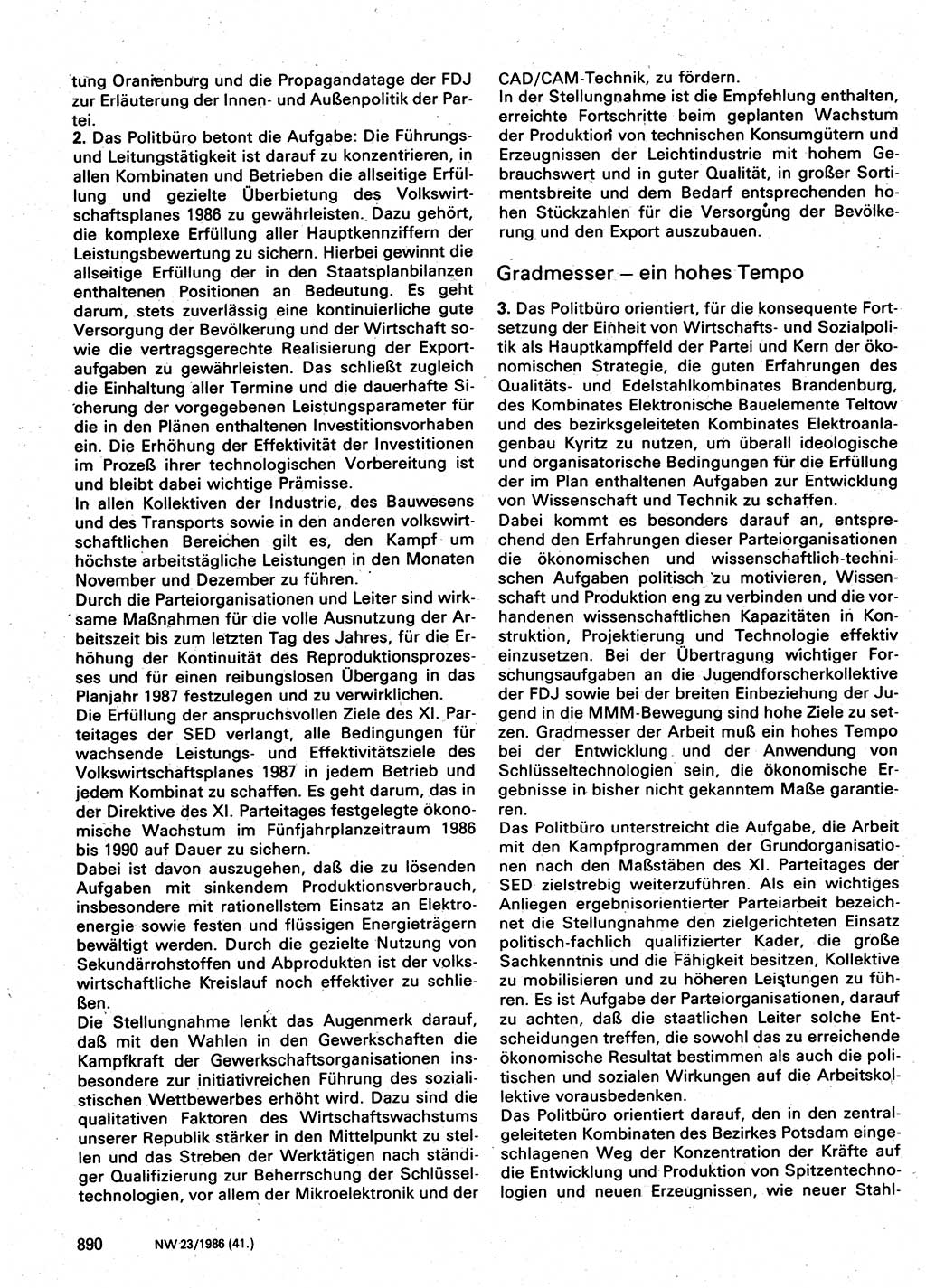 Neuer Weg (NW), Organ des Zentralkomitees (ZK) der SED (Sozialistische Einheitspartei Deutschlands) für Fragen des Parteilebens, 41. Jahrgang [Deutsche Demokratische Republik (DDR)] 1986, Seite 890 (NW ZK SED DDR 1986, S. 890)