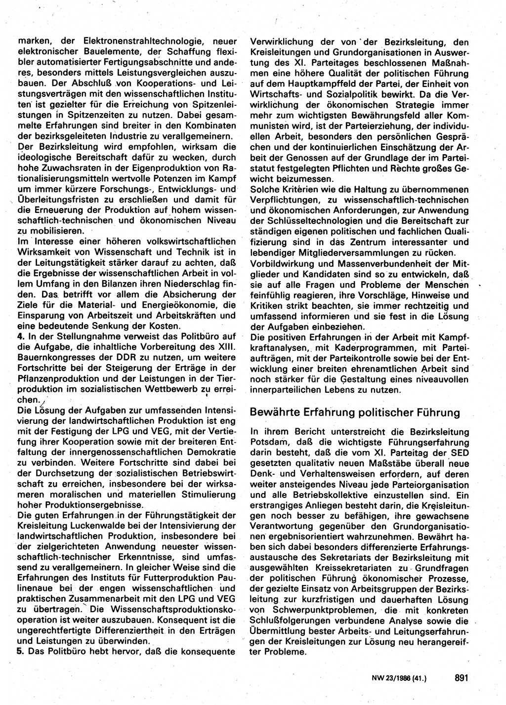 Neuer Weg (NW), Organ des Zentralkomitees (ZK) der SED (Sozialistische Einheitspartei Deutschlands) für Fragen des Parteilebens, 41. Jahrgang [Deutsche Demokratische Republik (DDR)] 1986, Seite 891 (NW ZK SED DDR 1986, S. 891)