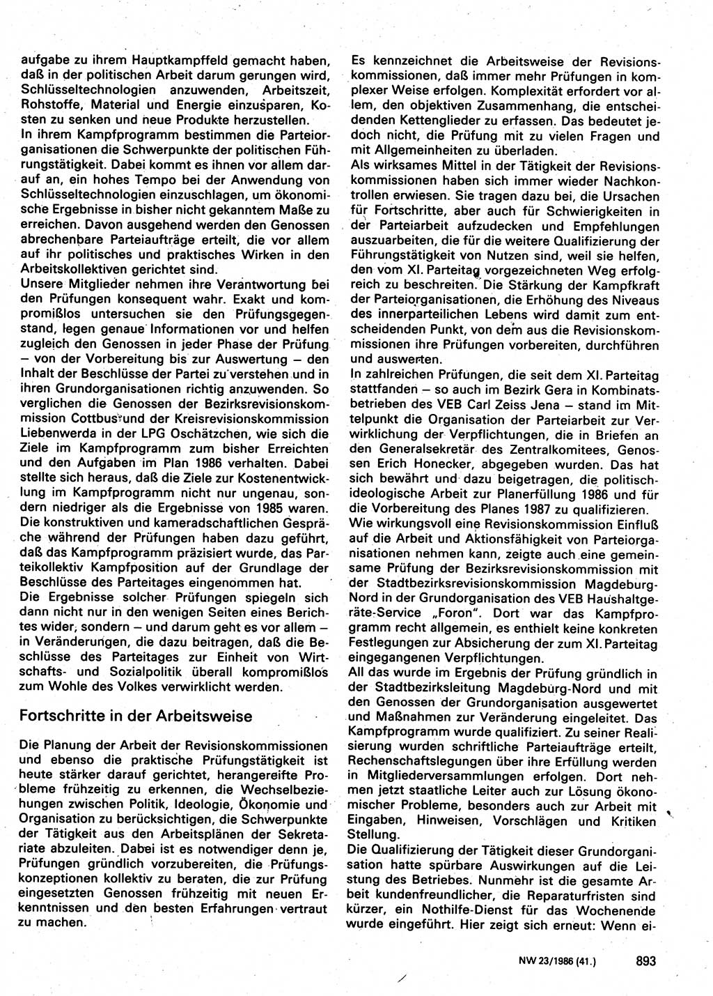 Neuer Weg (NW), Organ des Zentralkomitees (ZK) der SED (Sozialistische Einheitspartei Deutschlands) für Fragen des Parteilebens, 41. Jahrgang [Deutsche Demokratische Republik (DDR)] 1986, Seite 893 (NW ZK SED DDR 1986, S. 893)