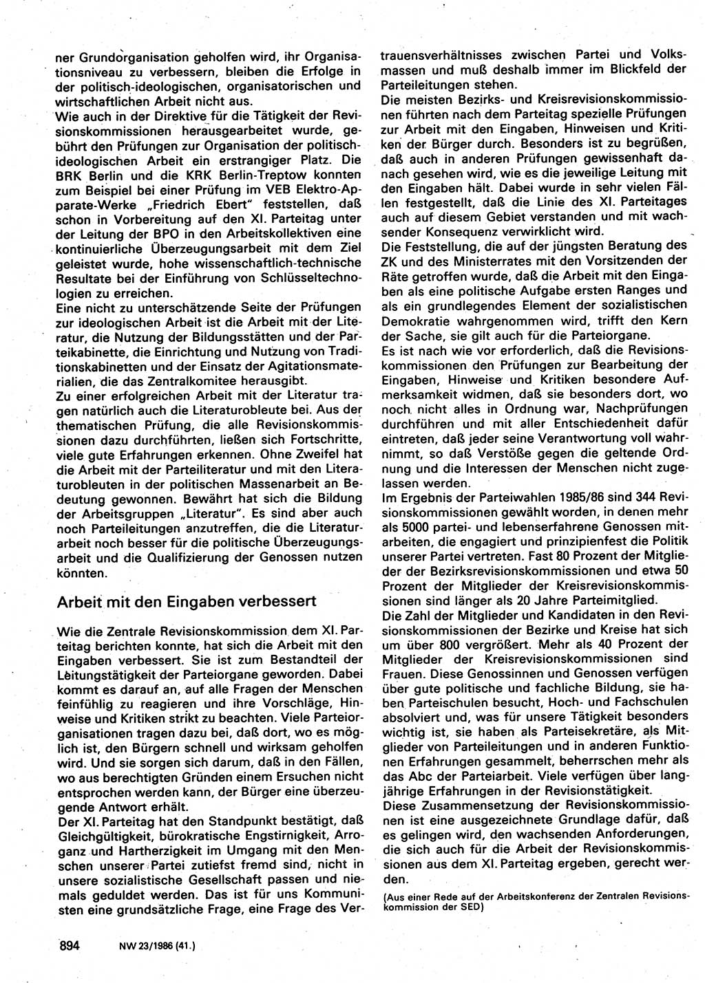Neuer Weg (NW), Organ des Zentralkomitees (ZK) der SED (Sozialistische Einheitspartei Deutschlands) für Fragen des Parteilebens, 41. Jahrgang [Deutsche Demokratische Republik (DDR)] 1986, Seite 894 (NW ZK SED DDR 1986, S. 894)