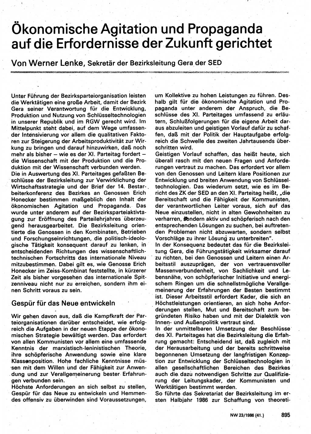Neuer Weg (NW), Organ des Zentralkomitees (ZK) der SED (Sozialistische Einheitspartei Deutschlands) für Fragen des Parteilebens, 41. Jahrgang [Deutsche Demokratische Republik (DDR)] 1986, Seite 895 (NW ZK SED DDR 1986, S. 895)
