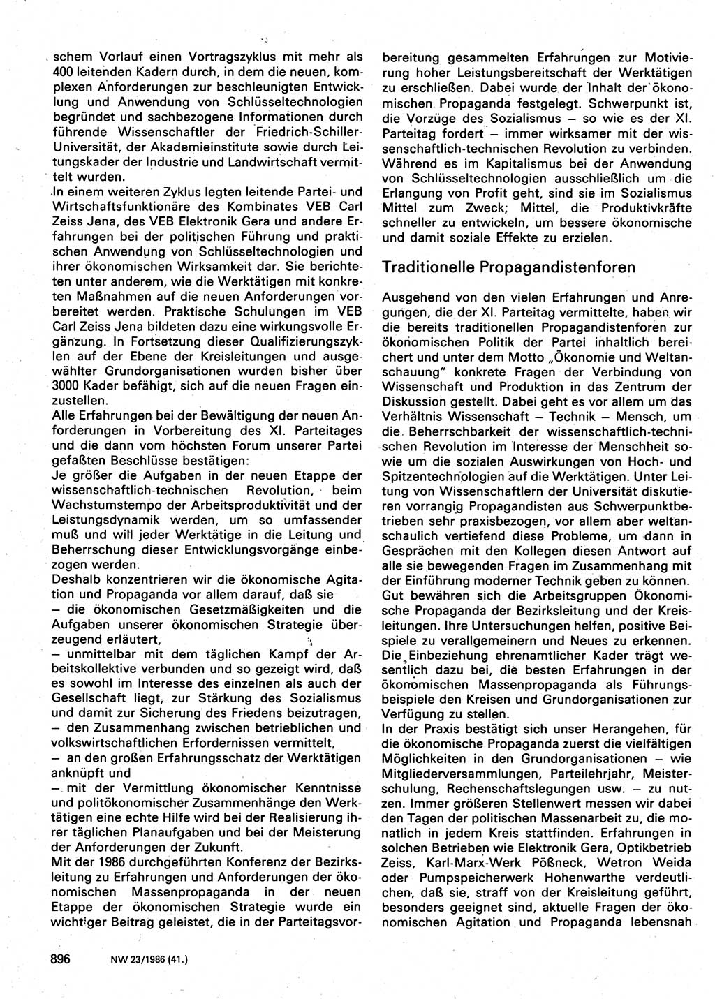 Neuer Weg (NW), Organ des Zentralkomitees (ZK) der SED (Sozialistische Einheitspartei Deutschlands) für Fragen des Parteilebens, 41. Jahrgang [Deutsche Demokratische Republik (DDR)] 1986, Seite 896 (NW ZK SED DDR 1986, S. 896)