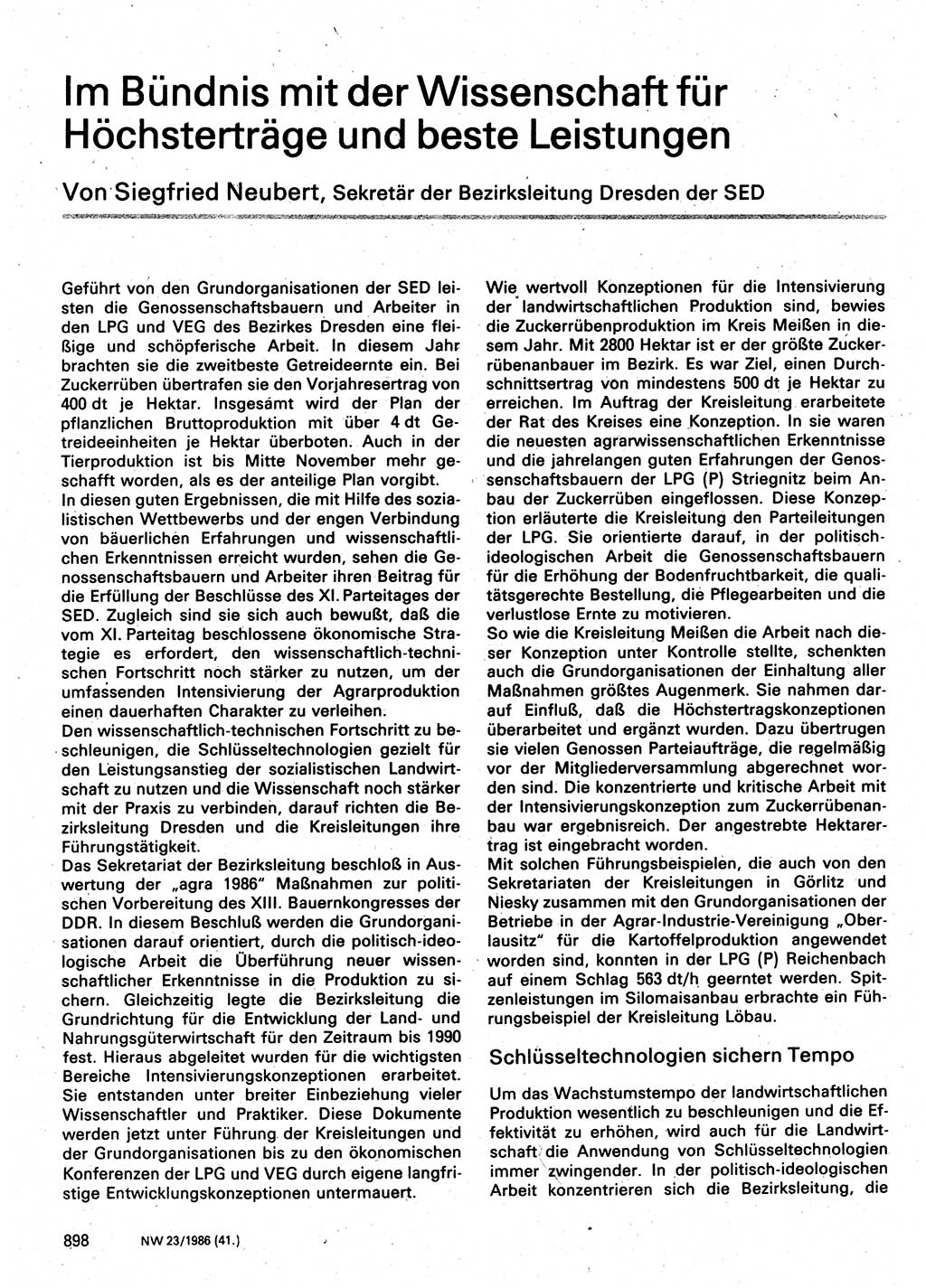 Neuer Weg (NW), Organ des Zentralkomitees (ZK) der SED (Sozialistische Einheitspartei Deutschlands) für Fragen des Parteilebens, 41. Jahrgang [Deutsche Demokratische Republik (DDR)] 1986, Seite 898 (NW ZK SED DDR 1986, S. 898)