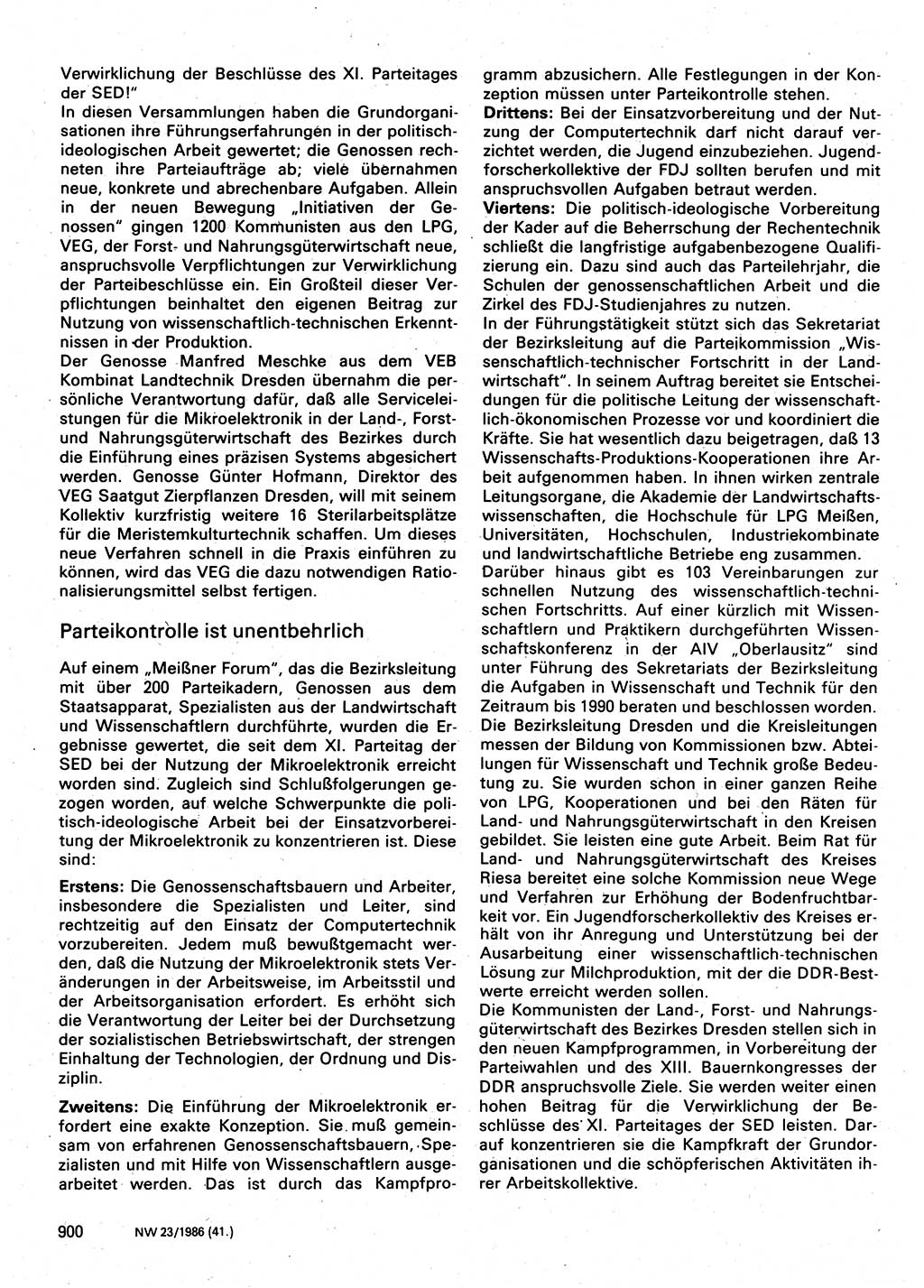 Neuer Weg (NW), Organ des Zentralkomitees (ZK) der SED (Sozialistische Einheitspartei Deutschlands) für Fragen des Parteilebens, 41. Jahrgang [Deutsche Demokratische Republik (DDR)] 1986, Seite 900 (NW ZK SED DDR 1986, S. 900)