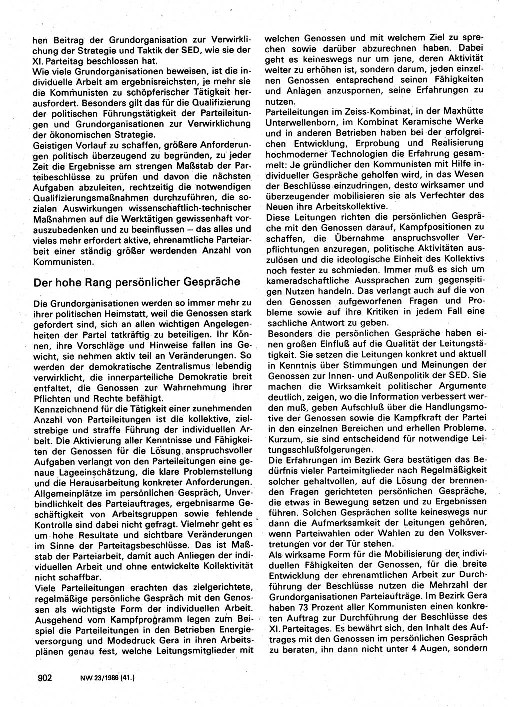 Neuer Weg (NW), Organ des Zentralkomitees (ZK) der SED (Sozialistische Einheitspartei Deutschlands) für Fragen des Parteilebens, 41. Jahrgang [Deutsche Demokratische Republik (DDR)] 1986, Seite 902 (NW ZK SED DDR 1986, S. 902)