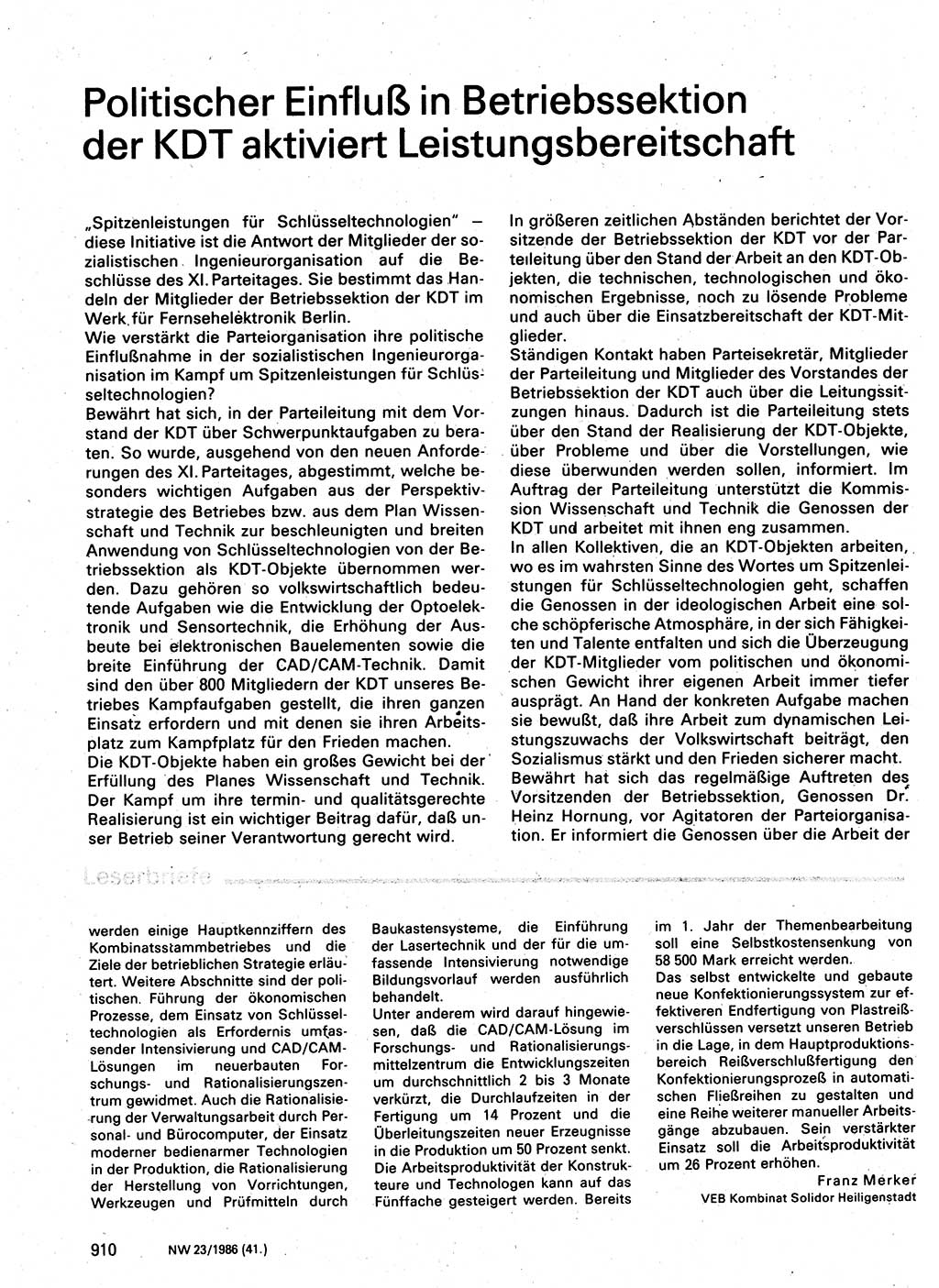 Neuer Weg (NW), Organ des Zentralkomitees (ZK) der SED (Sozialistische Einheitspartei Deutschlands) für Fragen des Parteilebens, 41. Jahrgang [Deutsche Demokratische Republik (DDR)] 1986, Seite 910 (NW ZK SED DDR 1986, S. 910)