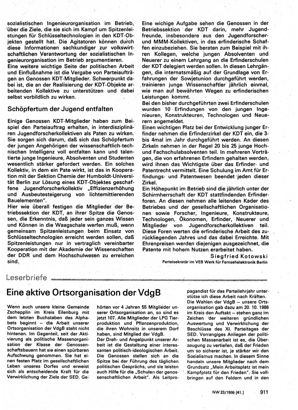Neuer Weg (NW), Organ des Zentralkomitees (ZK) der SED (Sozialistische Einheitspartei Deutschlands) für Fragen des Parteilebens, 41. Jahrgang [Deutsche Demokratische Republik (DDR)] 1986, Seite 911 (NW ZK SED DDR 1986, S. 911)