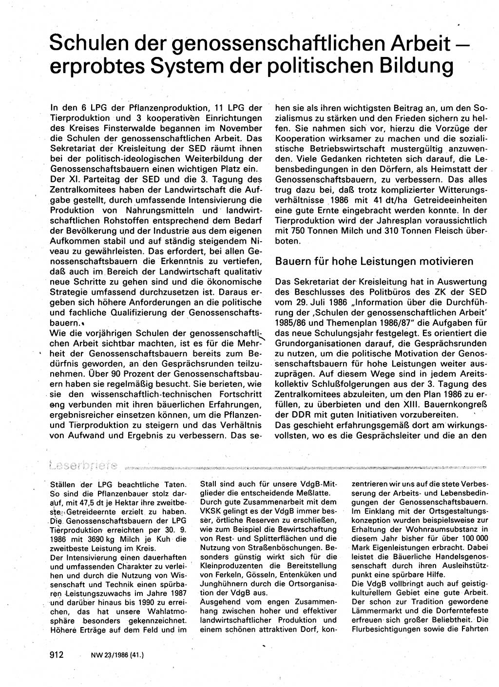 Neuer Weg (NW), Organ des Zentralkomitees (ZK) der SED (Sozialistische Einheitspartei Deutschlands) für Fragen des Parteilebens, 41. Jahrgang [Deutsche Demokratische Republik (DDR)] 1986, Seite 912 (NW ZK SED DDR 1986, S. 912)