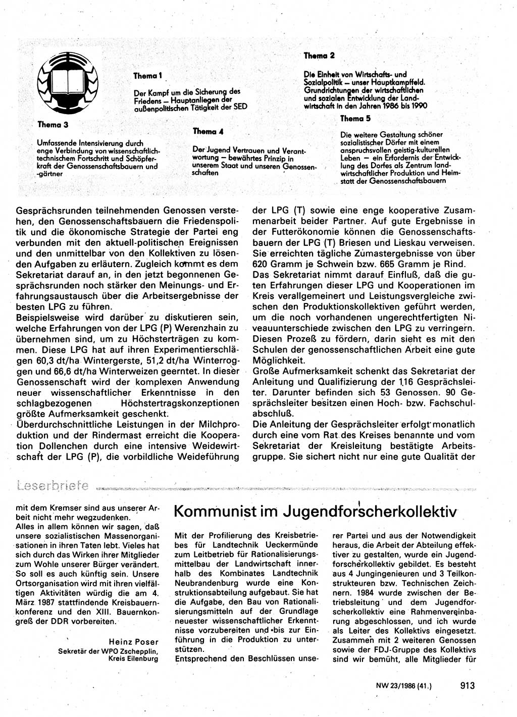 Neuer Weg (NW), Organ des Zentralkomitees (ZK) der SED (Sozialistische Einheitspartei Deutschlands) für Fragen des Parteilebens, 41. Jahrgang [Deutsche Demokratische Republik (DDR)] 1986, Seite 913 (NW ZK SED DDR 1986, S. 913)