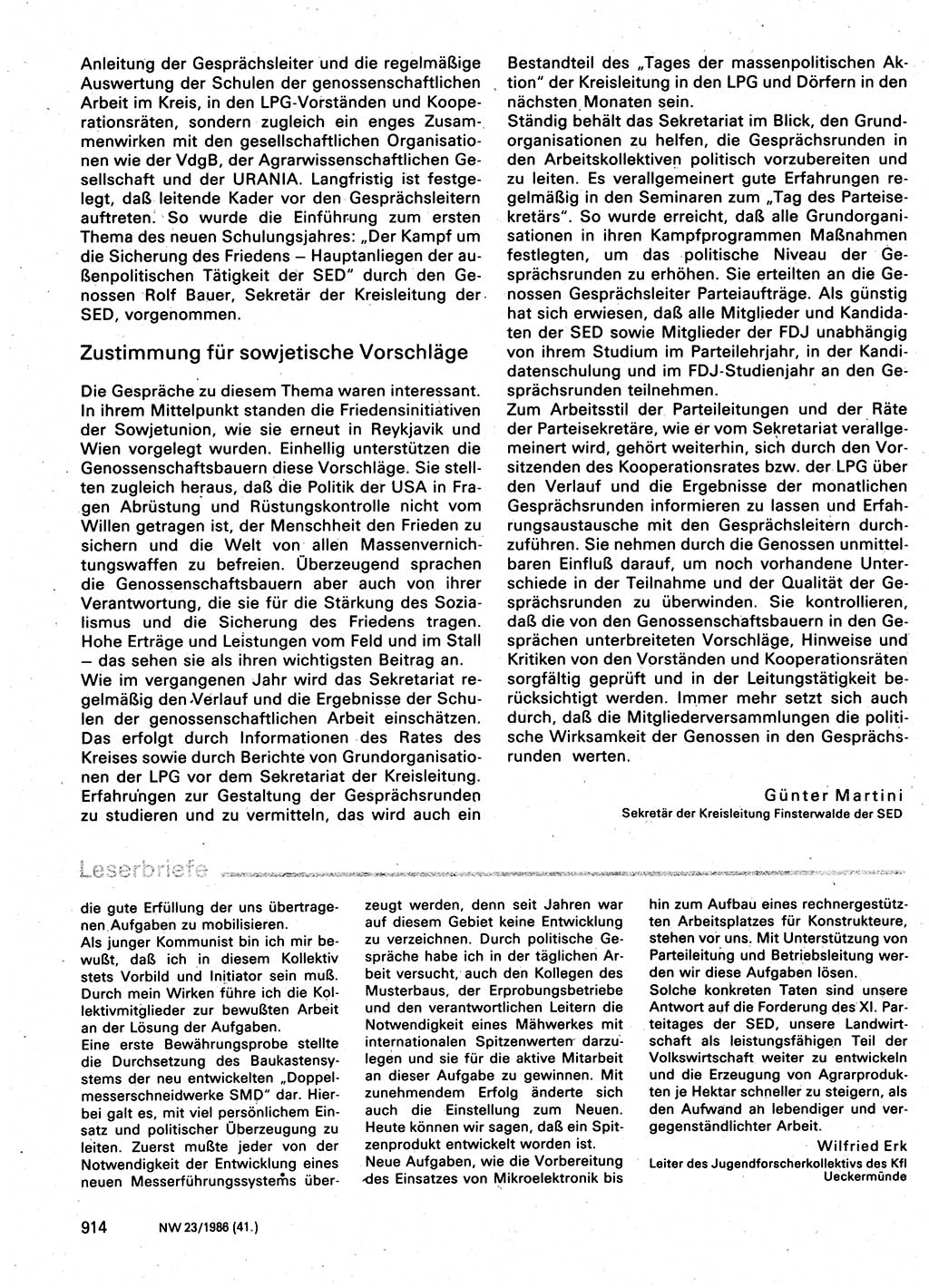 Neuer Weg (NW), Organ des Zentralkomitees (ZK) der SED (Sozialistische Einheitspartei Deutschlands) für Fragen des Parteilebens, 41. Jahrgang [Deutsche Demokratische Republik (DDR)] 1986, Seite 914 (NW ZK SED DDR 1986, S. 914)