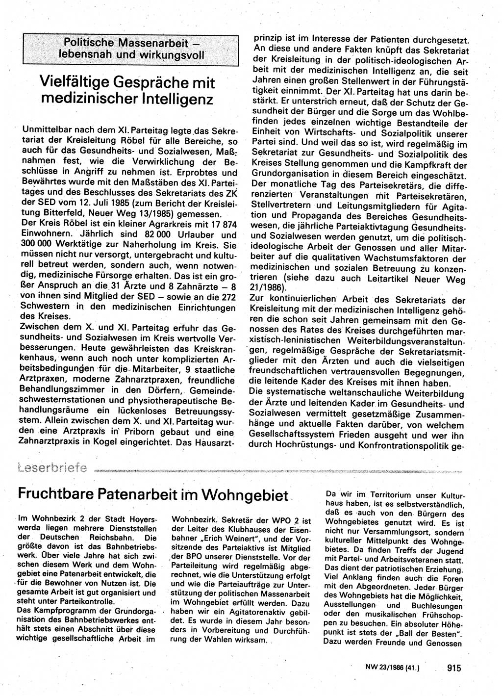 Neuer Weg (NW), Organ des Zentralkomitees (ZK) der SED (Sozialistische Einheitspartei Deutschlands) für Fragen des Parteilebens, 41. Jahrgang [Deutsche Demokratische Republik (DDR)] 1986, Seite 915 (NW ZK SED DDR 1986, S. 915)