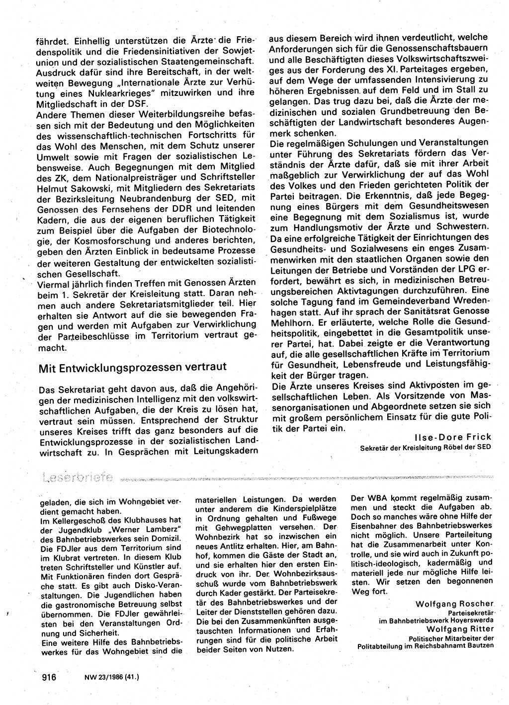 Neuer Weg (NW), Organ des Zentralkomitees (ZK) der SED (Sozialistische Einheitspartei Deutschlands) für Fragen des Parteilebens, 41. Jahrgang [Deutsche Demokratische Republik (DDR)] 1986, Seite 916 (NW ZK SED DDR 1986, S. 916)