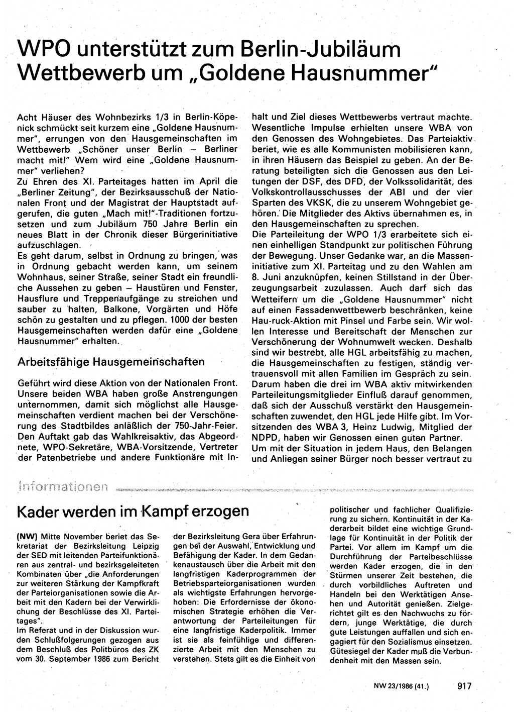 Neuer Weg (NW), Organ des Zentralkomitees (ZK) der SED (Sozialistische Einheitspartei Deutschlands) für Fragen des Parteilebens, 41. Jahrgang [Deutsche Demokratische Republik (DDR)] 1986, Seite 917 (NW ZK SED DDR 1986, S. 917)