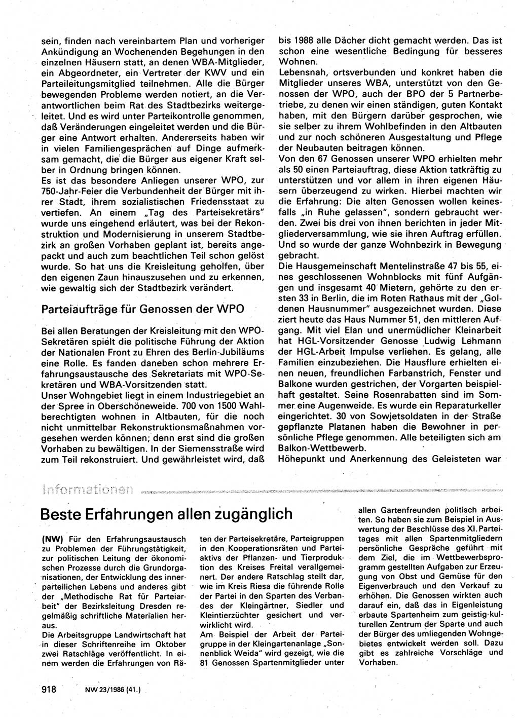 Neuer Weg (NW), Organ des Zentralkomitees (ZK) der SED (Sozialistische Einheitspartei Deutschlands) für Fragen des Parteilebens, 41. Jahrgang [Deutsche Demokratische Republik (DDR)] 1986, Seite 918 (NW ZK SED DDR 1986, S. 918)