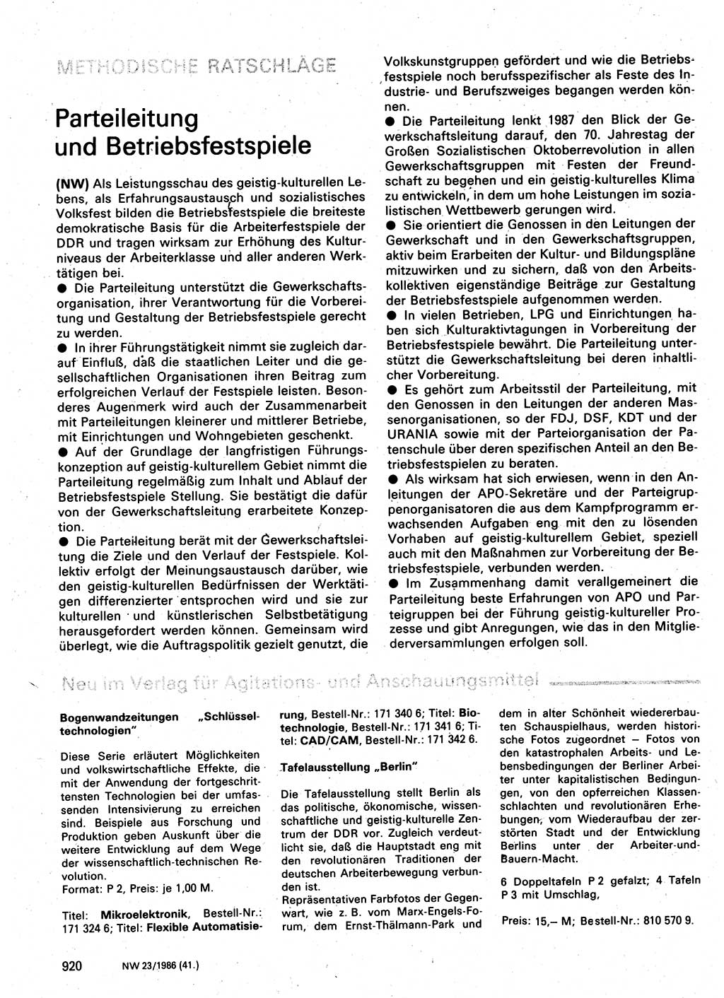 Neuer Weg (NW), Organ des Zentralkomitees (ZK) der SED (Sozialistische Einheitspartei Deutschlands) für Fragen des Parteilebens, 41. Jahrgang [Deutsche Demokratische Republik (DDR)] 1986, Seite 920 (NW ZK SED DDR 1986, S. 920)