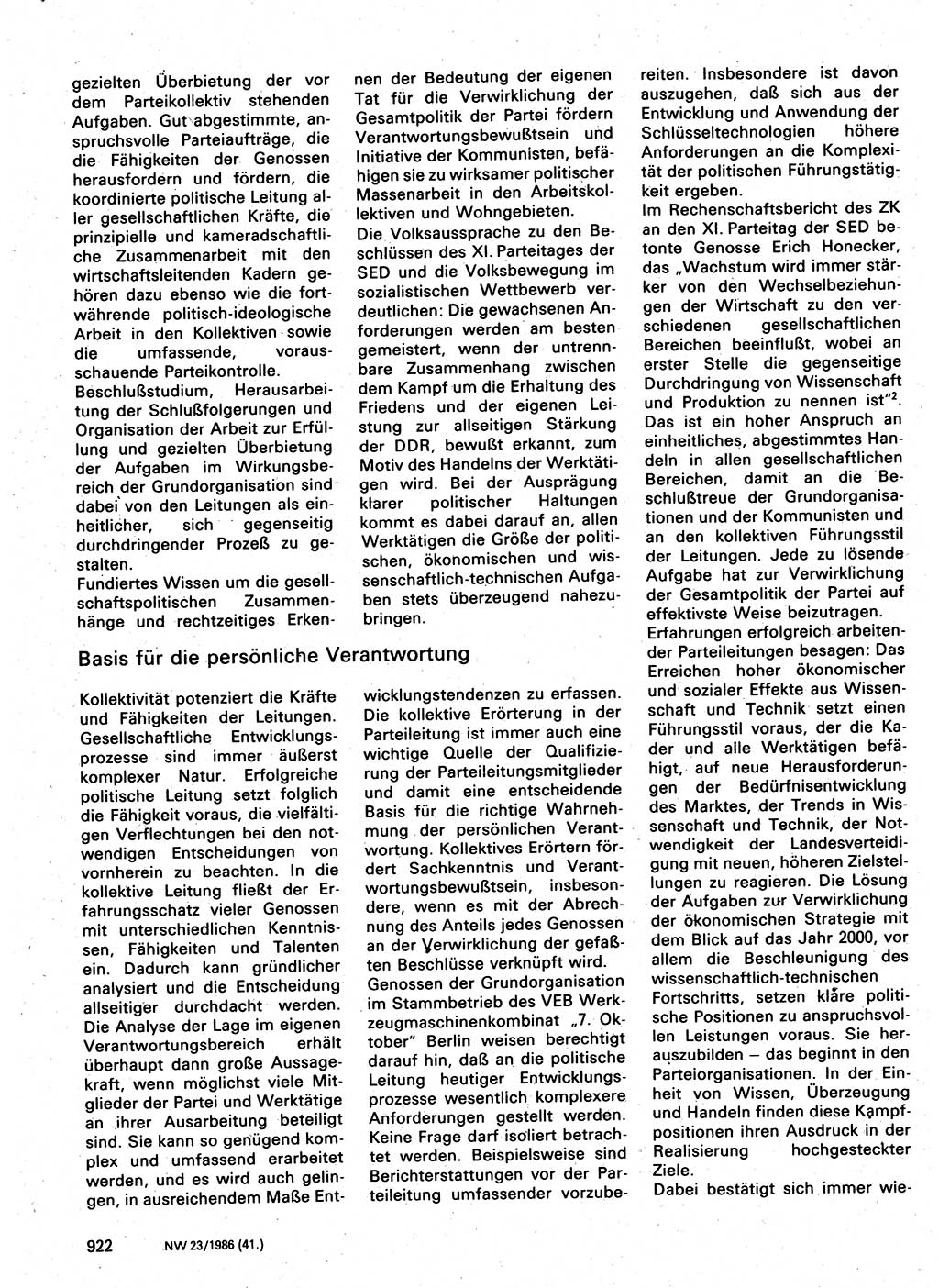 Neuer Weg (NW), Organ des Zentralkomitees (ZK) der SED (Sozialistische Einheitspartei Deutschlands) für Fragen des Parteilebens, 41. Jahrgang [Deutsche Demokratische Republik (DDR)] 1986, Seite 922 (NW ZK SED DDR 1986, S. 922)