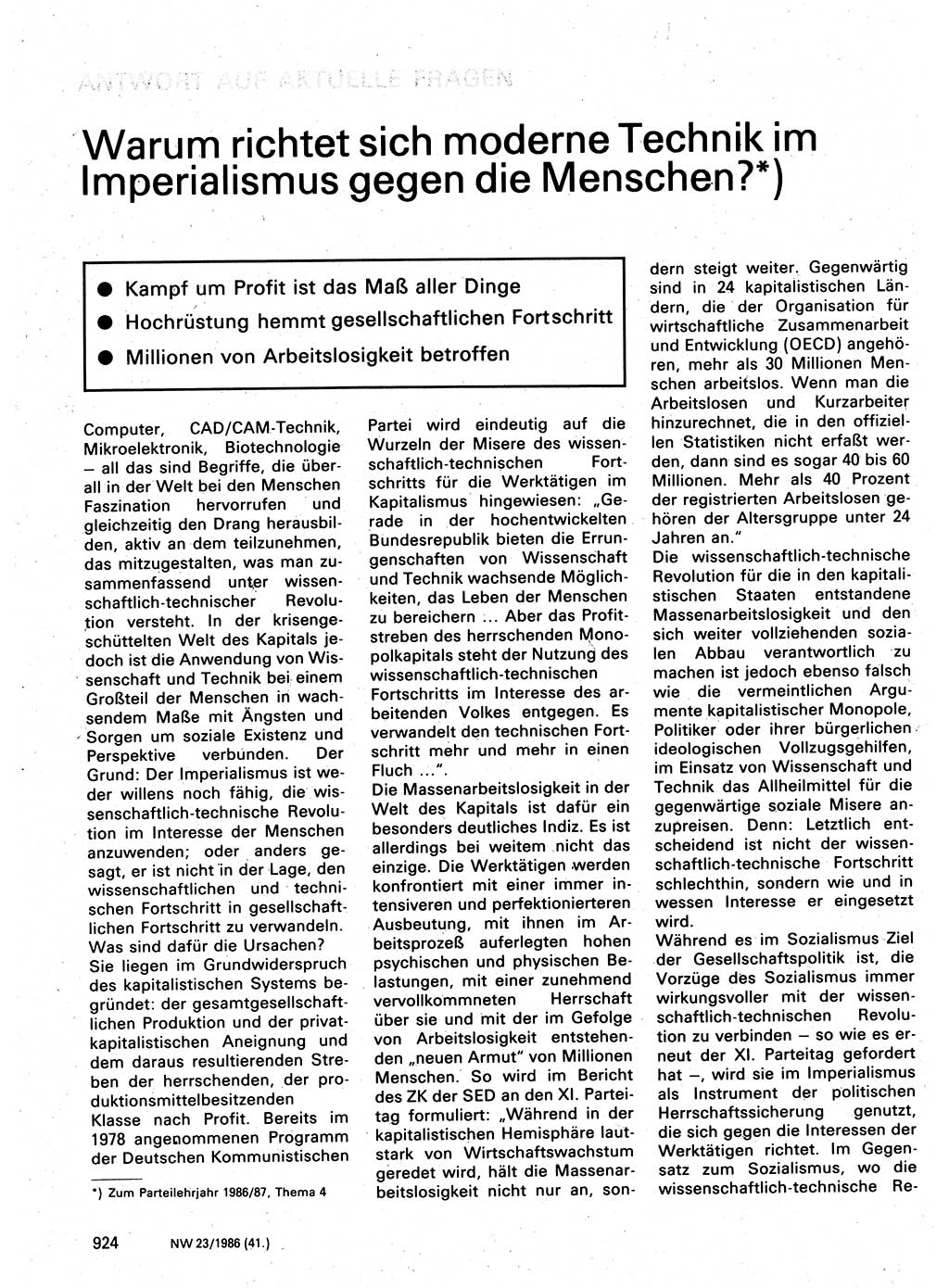 Neuer Weg (NW), Organ des Zentralkomitees (ZK) der SED (Sozialistische Einheitspartei Deutschlands) für Fragen des Parteilebens, 41. Jahrgang [Deutsche Demokratische Republik (DDR)] 1986, Seite 924 (NW ZK SED DDR 1986, S. 924)
