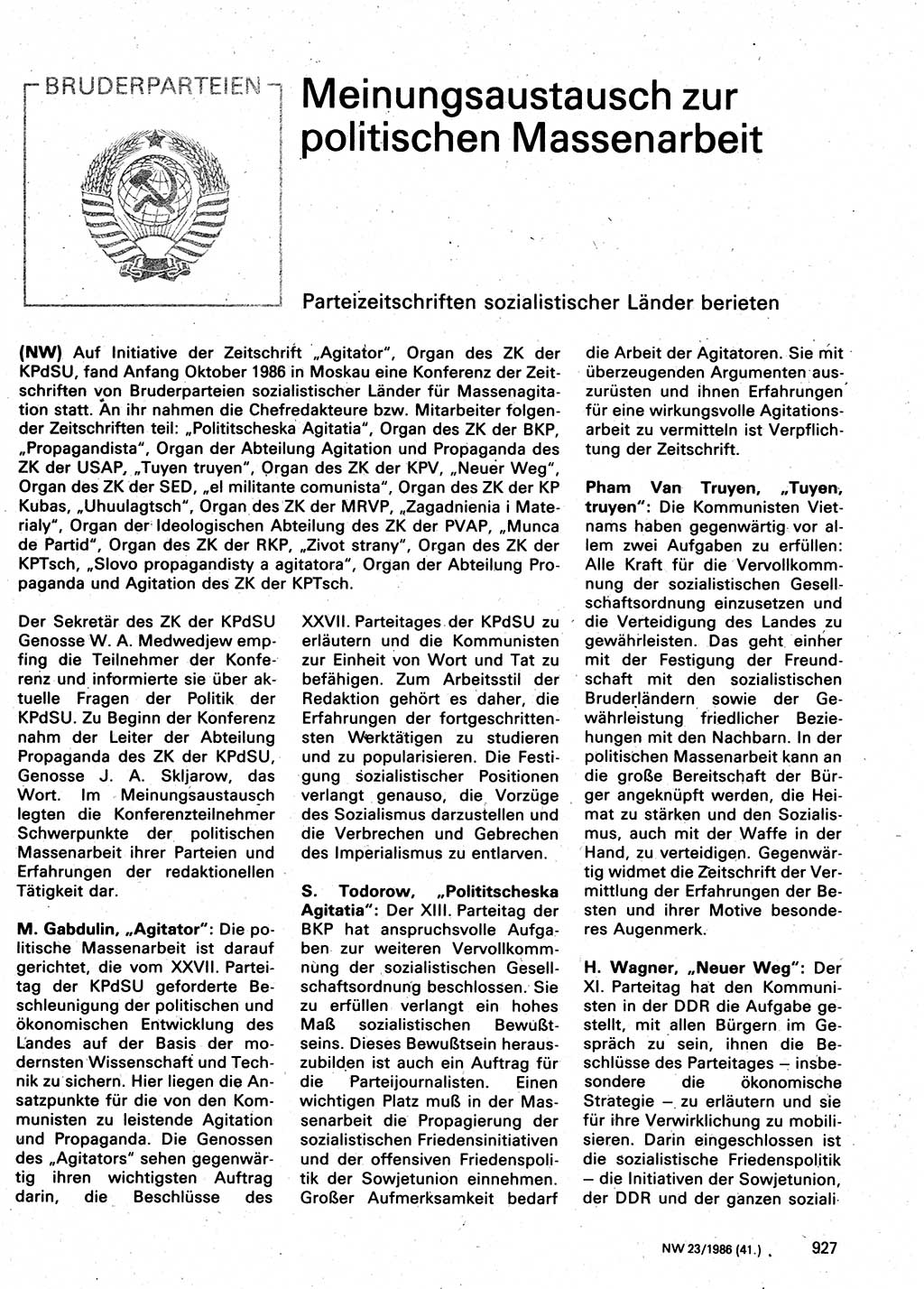Neuer Weg (NW), Organ des Zentralkomitees (ZK) der SED (Sozialistische Einheitspartei Deutschlands) für Fragen des Parteilebens, 41. Jahrgang [Deutsche Demokratische Republik (DDR)] 1986, Seite 927 (NW ZK SED DDR 1986, S. 927)