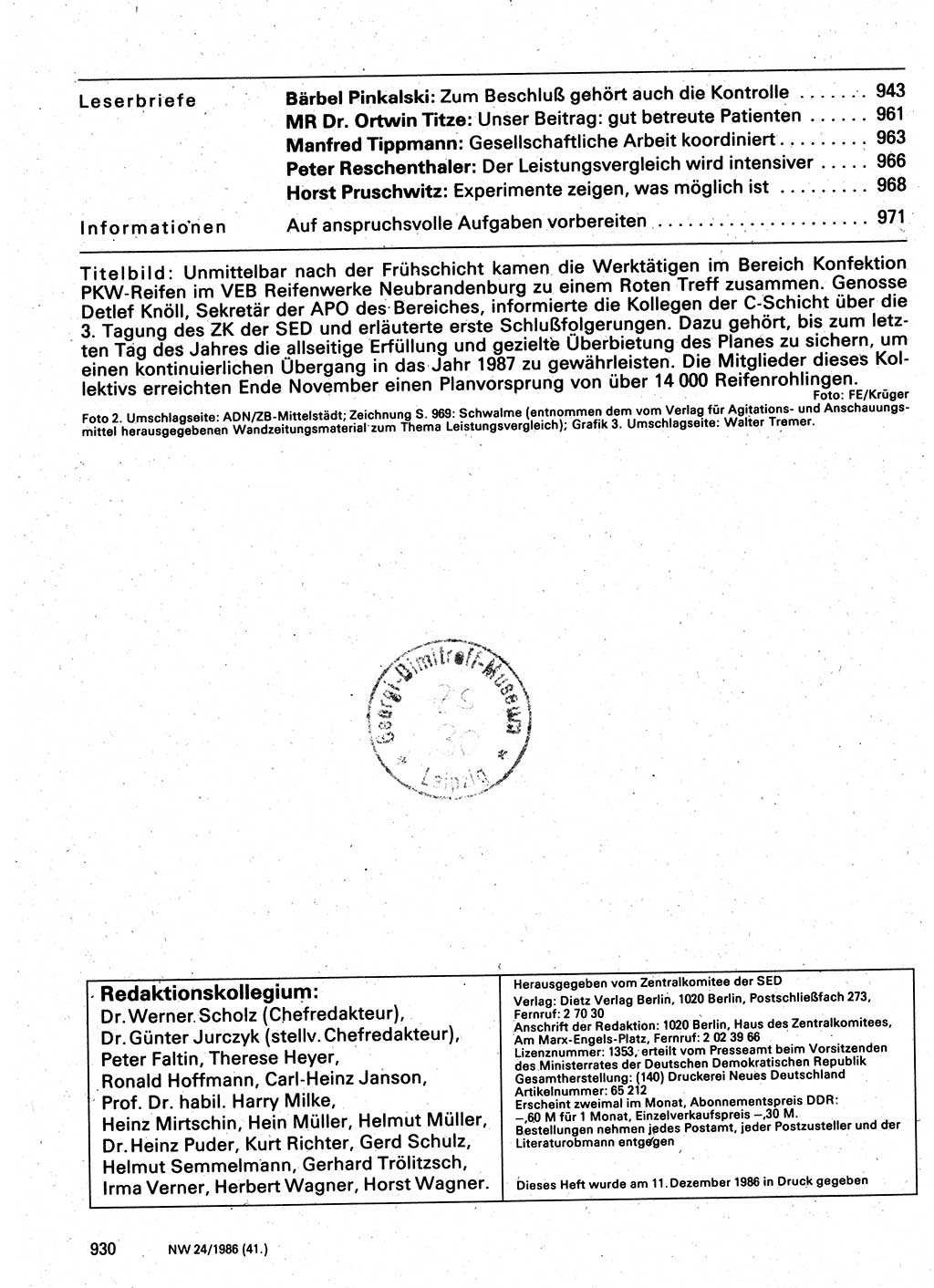 Neuer Weg (NW), Organ des Zentralkomitees (ZK) der SED (Sozialistische Einheitspartei Deutschlands) für Fragen des Parteilebens, 41. Jahrgang [Deutsche Demokratische Republik (DDR)] 1986, Seite 930 (NW ZK SED DDR 1986, S. 930)