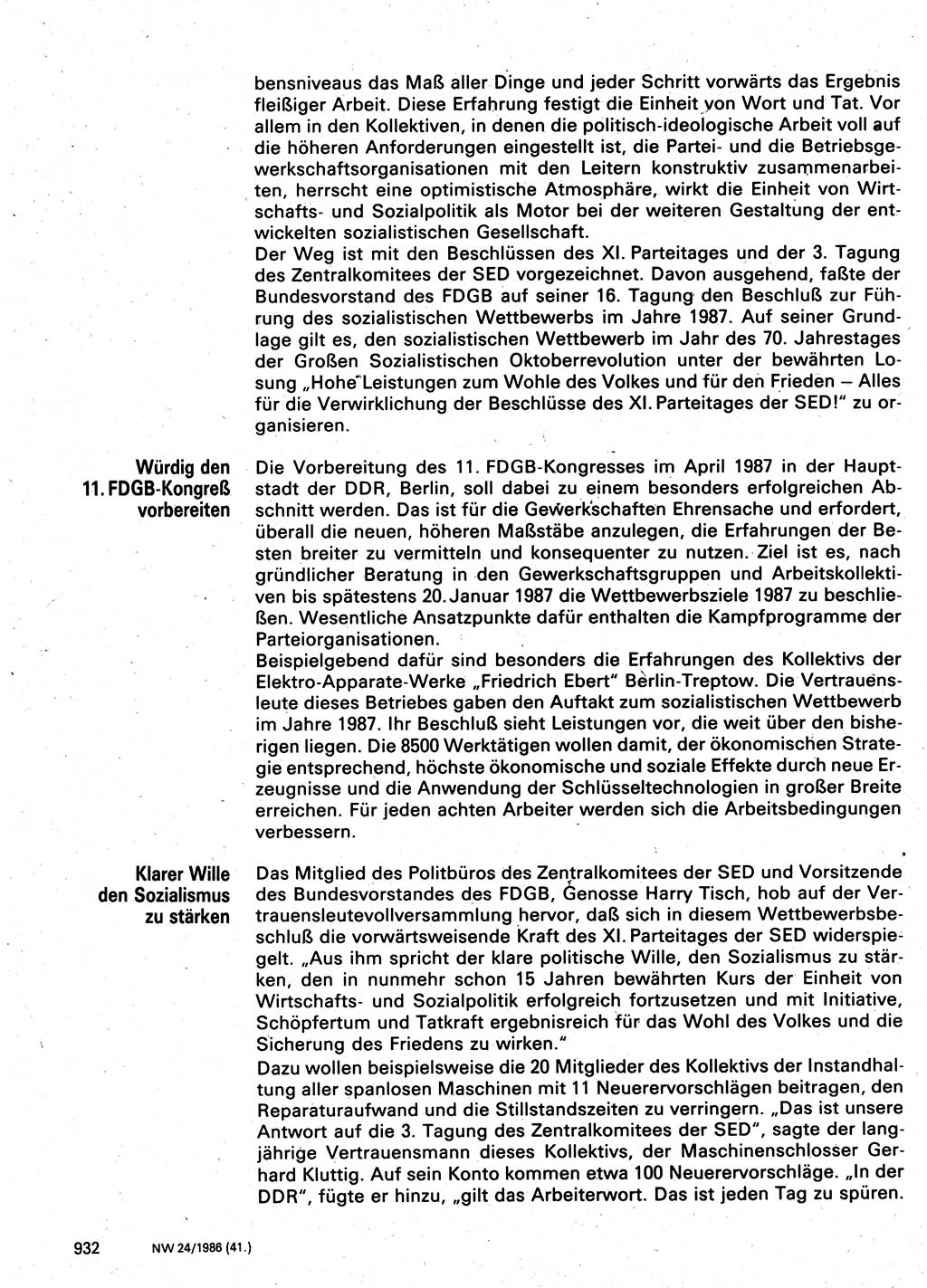 Neuer Weg (NW), Organ des Zentralkomitees (ZK) der SED (Sozialistische Einheitspartei Deutschlands) für Fragen des Parteilebens, 41. Jahrgang [Deutsche Demokratische Republik (DDR)] 1986, Seite 932 (NW ZK SED DDR 1986, S. 932)