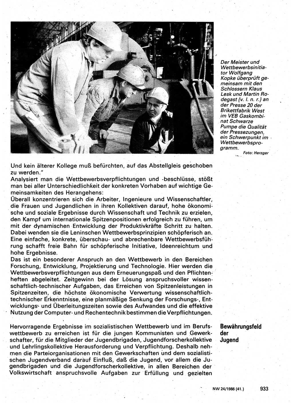 Neuer Weg (NW), Organ des Zentralkomitees (ZK) der SED (Sozialistische Einheitspartei Deutschlands) für Fragen des Parteilebens, 41. Jahrgang [Deutsche Demokratische Republik (DDR)] 1986, Seite 933 (NW ZK SED DDR 1986, S. 933)