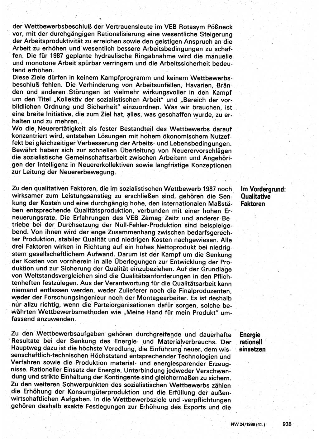 Neuer Weg (NW), Organ des Zentralkomitees (ZK) der SED (Sozialistische Einheitspartei Deutschlands) für Fragen des Parteilebens, 41. Jahrgang [Deutsche Demokratische Republik (DDR)] 1986, Seite 935 (NW ZK SED DDR 1986, S. 935)