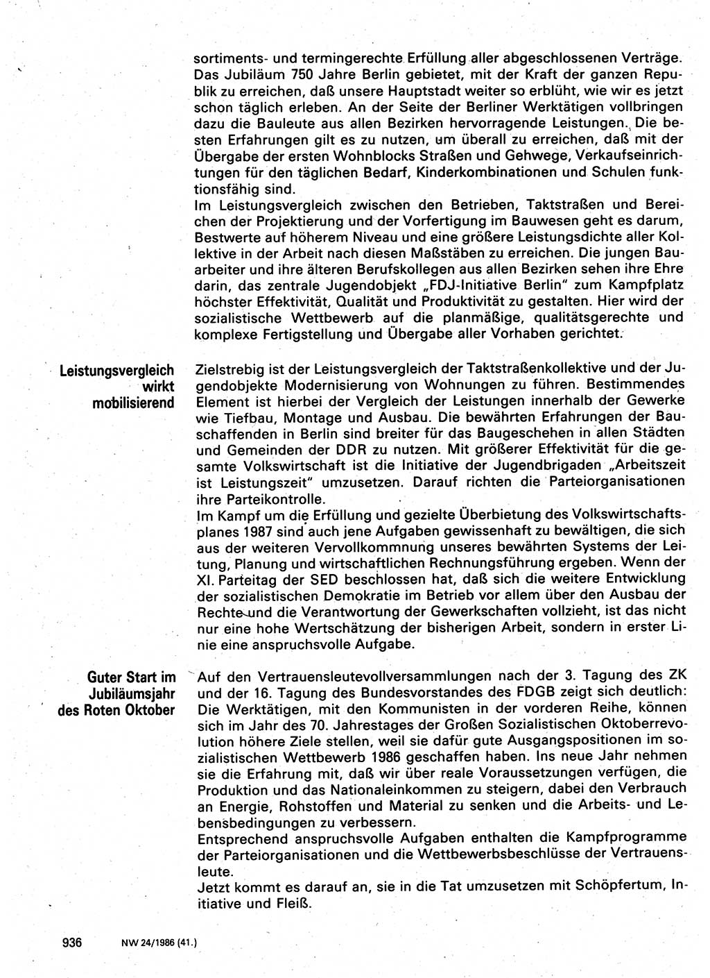 Neuer Weg (NW), Organ des Zentralkomitees (ZK) der SED (Sozialistische Einheitspartei Deutschlands) für Fragen des Parteilebens, 41. Jahrgang [Deutsche Demokratische Republik (DDR)] 1986, Seite 936 (NW ZK SED DDR 1986, S. 936)