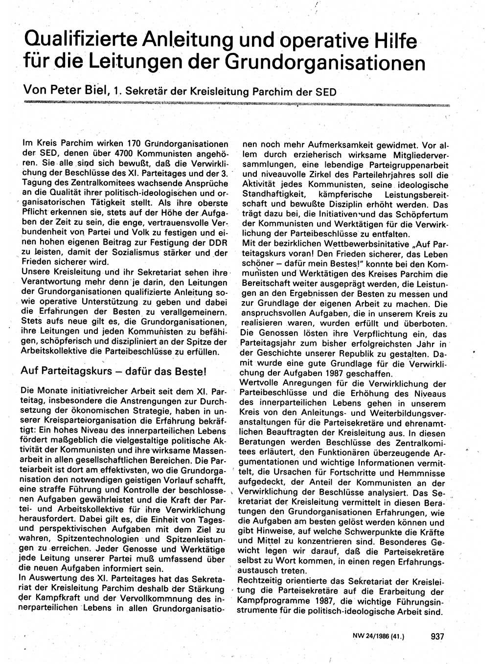 Neuer Weg (NW), Organ des Zentralkomitees (ZK) der SED (Sozialistische Einheitspartei Deutschlands) für Fragen des Parteilebens, 41. Jahrgang [Deutsche Demokratische Republik (DDR)] 1986, Seite 937 (NW ZK SED DDR 1986, S. 937)