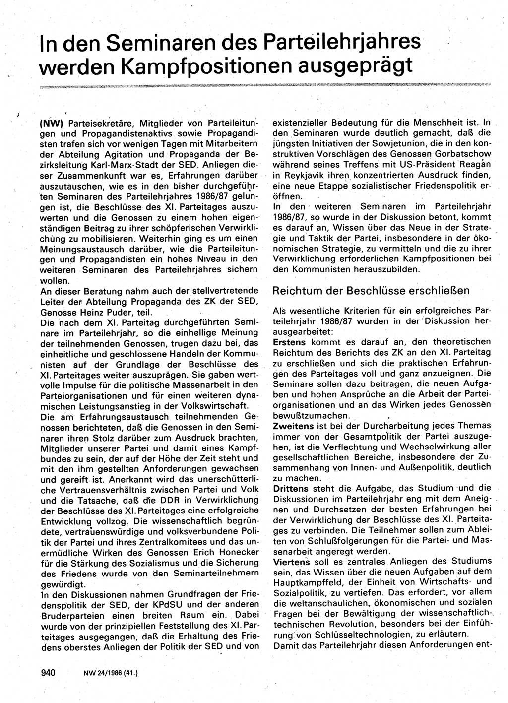 Neuer Weg (NW), Organ des Zentralkomitees (ZK) der SED (Sozialistische Einheitspartei Deutschlands) für Fragen des Parteilebens, 41. Jahrgang [Deutsche Demokratische Republik (DDR)] 1986, Seite 940 (NW ZK SED DDR 1986, S. 940)