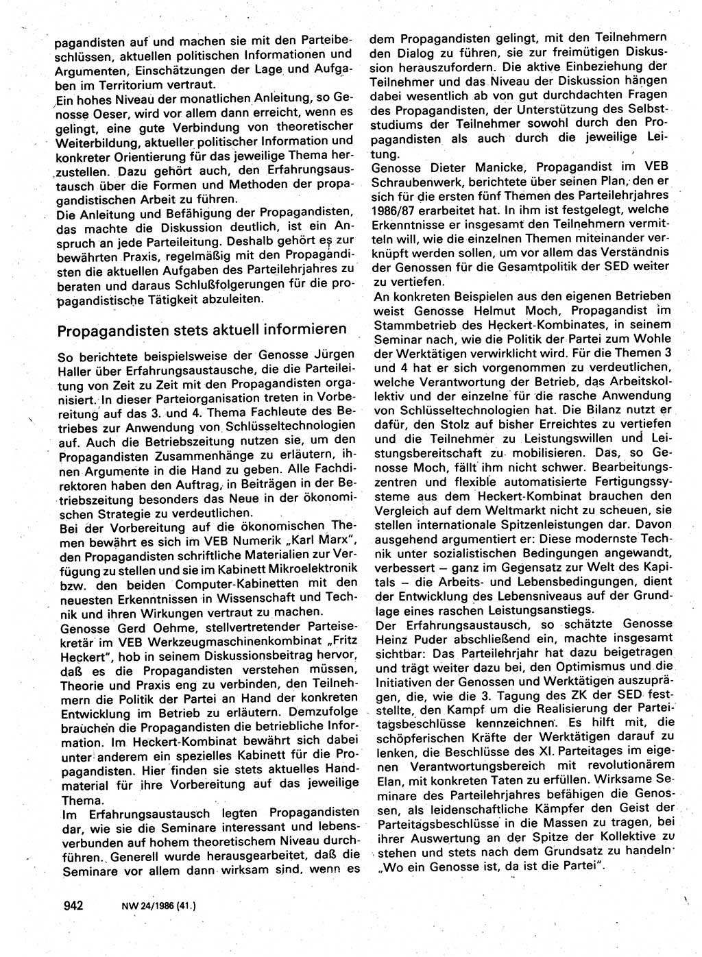 Neuer Weg (NW), Organ des Zentralkomitees (ZK) der SED (Sozialistische Einheitspartei Deutschlands) für Fragen des Parteilebens, 41. Jahrgang [Deutsche Demokratische Republik (DDR)] 1986, Seite 942 (NW ZK SED DDR 1986, S. 942)