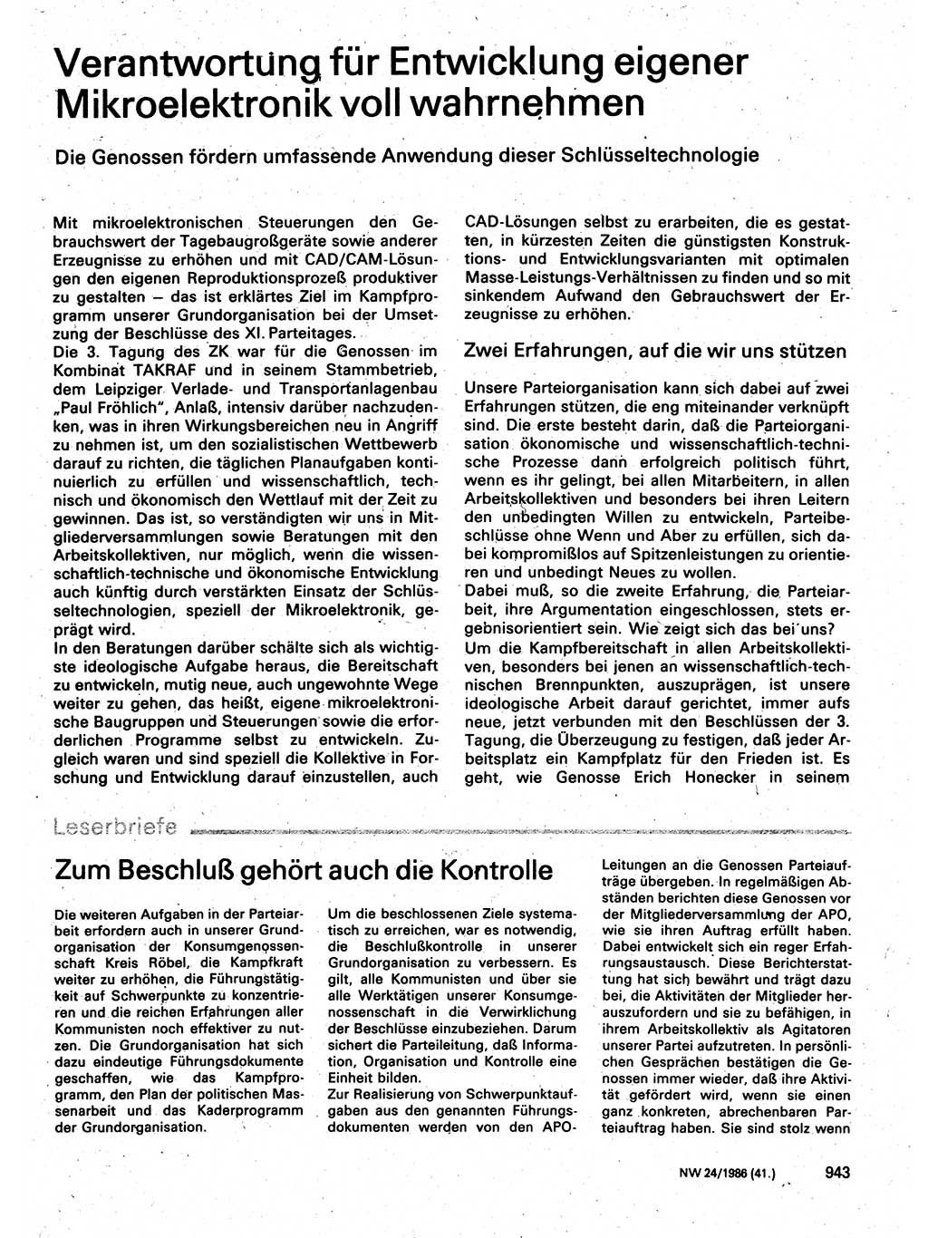 Neuer Weg (NW), Organ des Zentralkomitees (ZK) der SED (Sozialistische Einheitspartei Deutschlands) für Fragen des Parteilebens, 41. Jahrgang [Deutsche Demokratische Republik (DDR)] 1986, Seite 943 (NW ZK SED DDR 1986, S. 943)