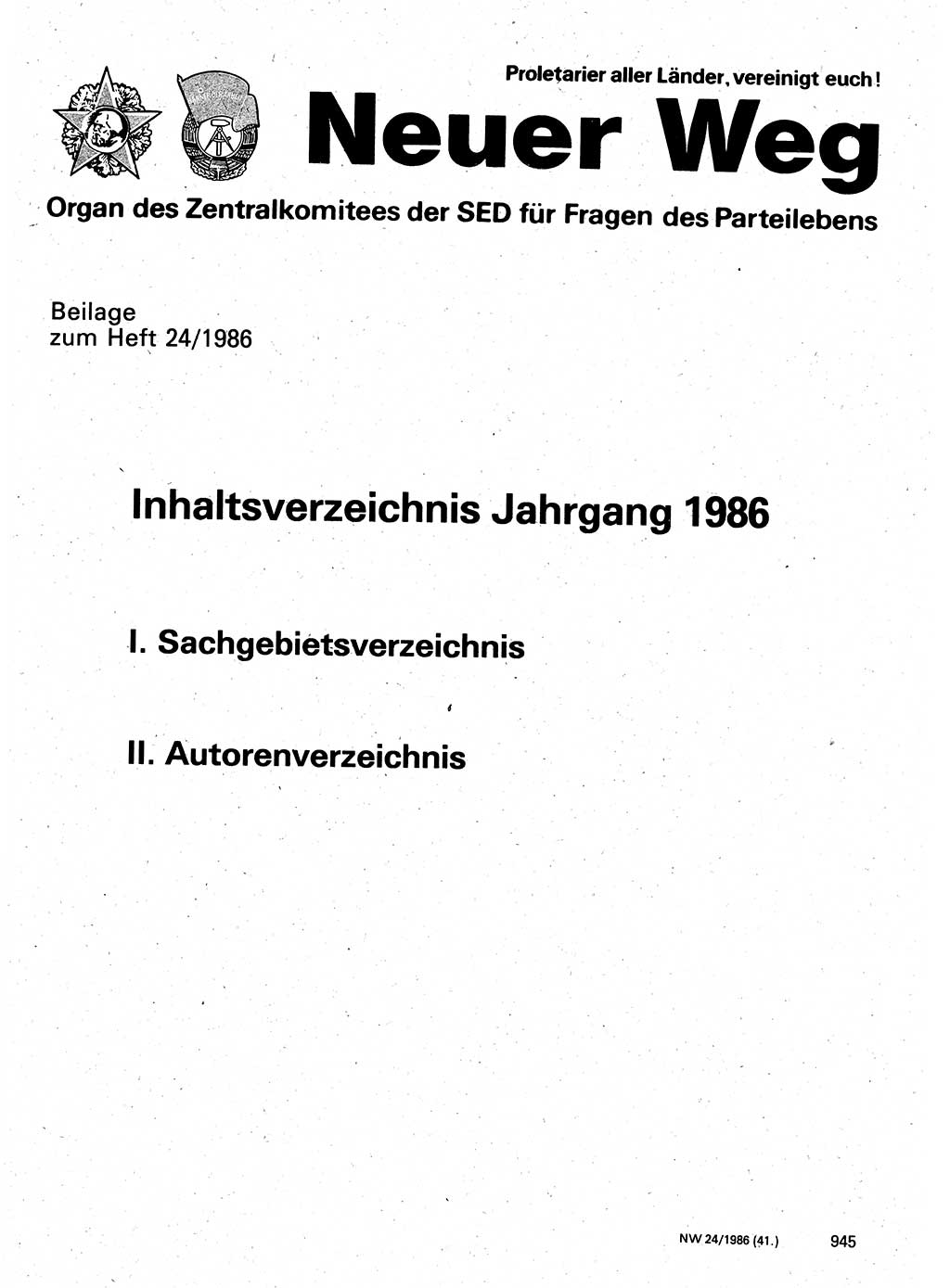 Neuer Weg (NW), Organ des Zentralkomitees (ZK) der SED (Sozialistische Einheitspartei Deutschlands) für Fragen des Parteilebens, 41. Jahrgang [Deutsche Demokratische Republik (DDR)] 1986, Seite 945 (NW ZK SED DDR 1986, S. 945)