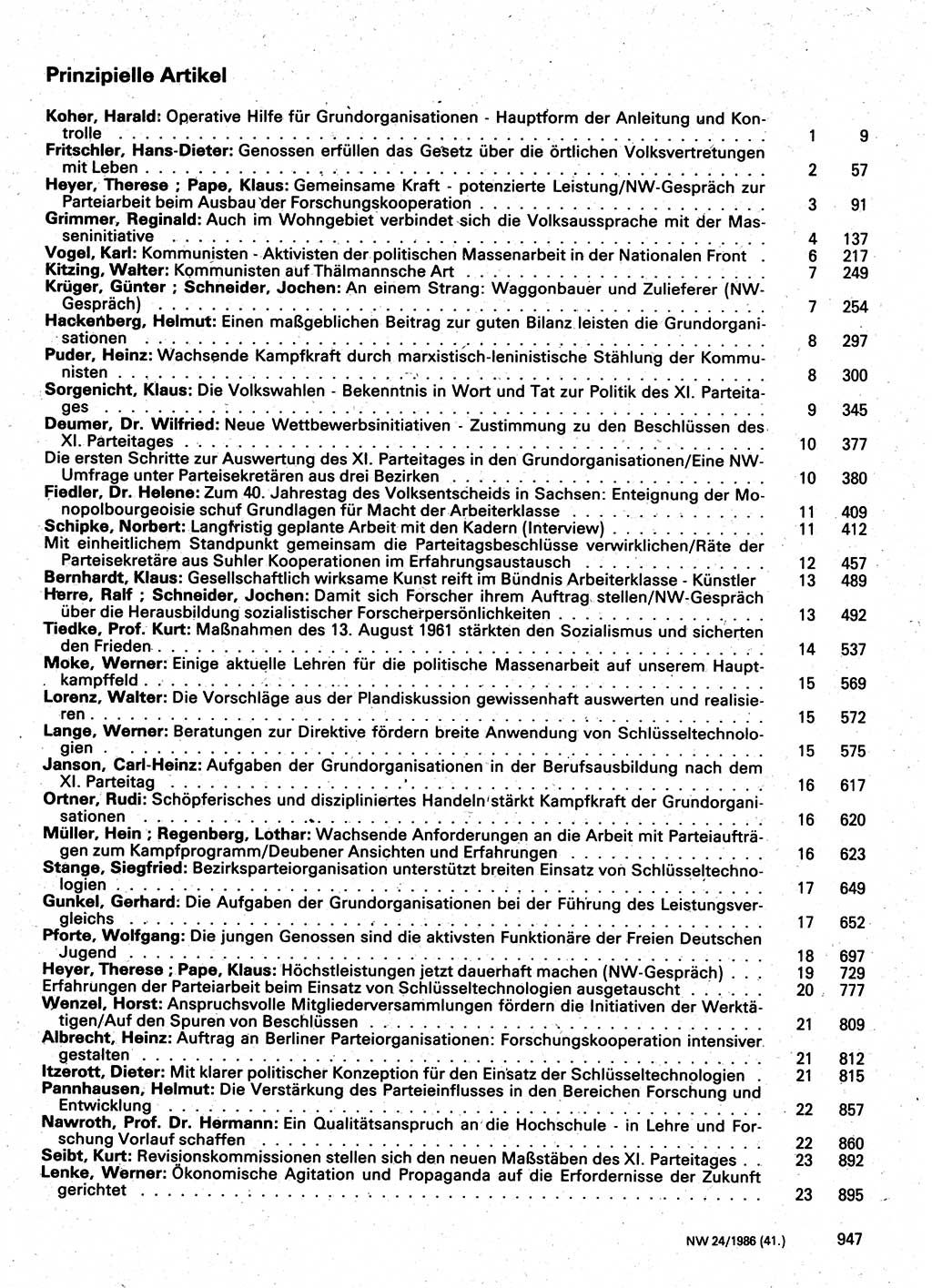 Neuer Weg (NW), Organ des Zentralkomitees (ZK) der SED (Sozialistische Einheitspartei Deutschlands) für Fragen des Parteilebens, 41. Jahrgang [Deutsche Demokratische Republik (DDR)] 1986, Seite 947 (NW ZK SED DDR 1986, S. 947)
