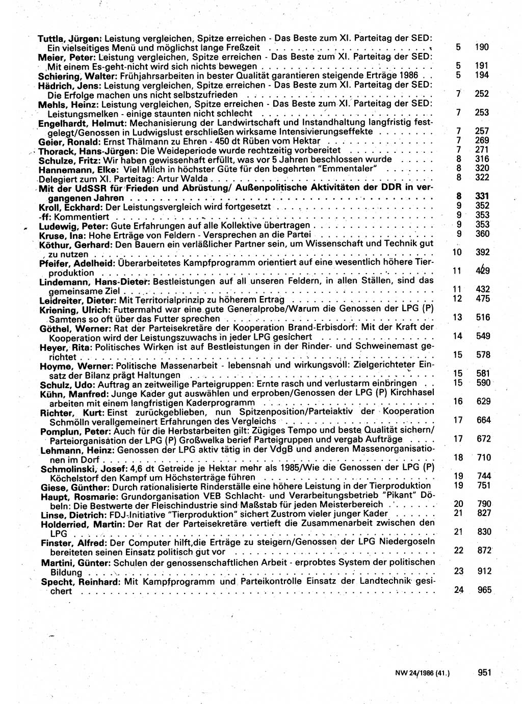 Neuer Weg (NW), Organ des Zentralkomitees (ZK) der SED (Sozialistische Einheitspartei Deutschlands) für Fragen des Parteilebens, 41. Jahrgang [Deutsche Demokratische Republik (DDR)] 1986, Seite 951 (NW ZK SED DDR 1986, S. 951)