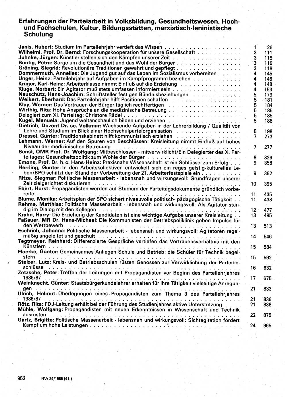 Neuer Weg (NW), Organ des Zentralkomitees (ZK) der SED (Sozialistische Einheitspartei Deutschlands) für Fragen des Parteilebens, 41. Jahrgang [Deutsche Demokratische Republik (DDR)] 1986, Seite 952 (NW ZK SED DDR 1986, S. 952)