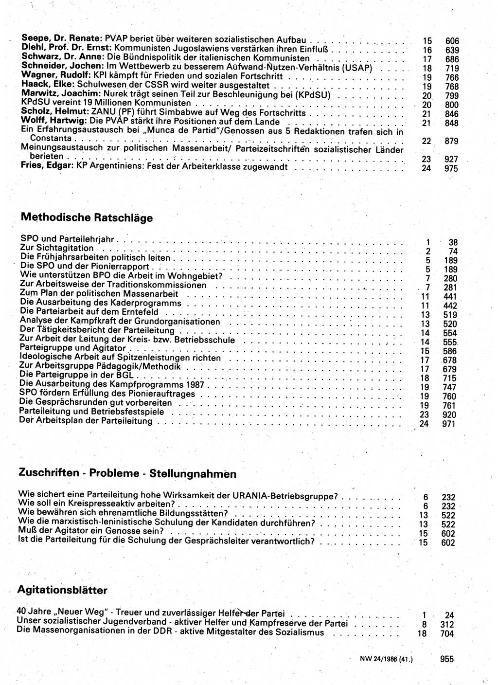 Neuer Weg (NW), Organ des Zentralkomitees (ZK) der SED (Sozialistische Einheitspartei Deutschlands) für Fragen des Parteilebens, 41. Jahrgang [Deutsche Demokratische Republik (DDR)] 1986, Seite 955 (NW ZK SED DDR 1986, S. 955)