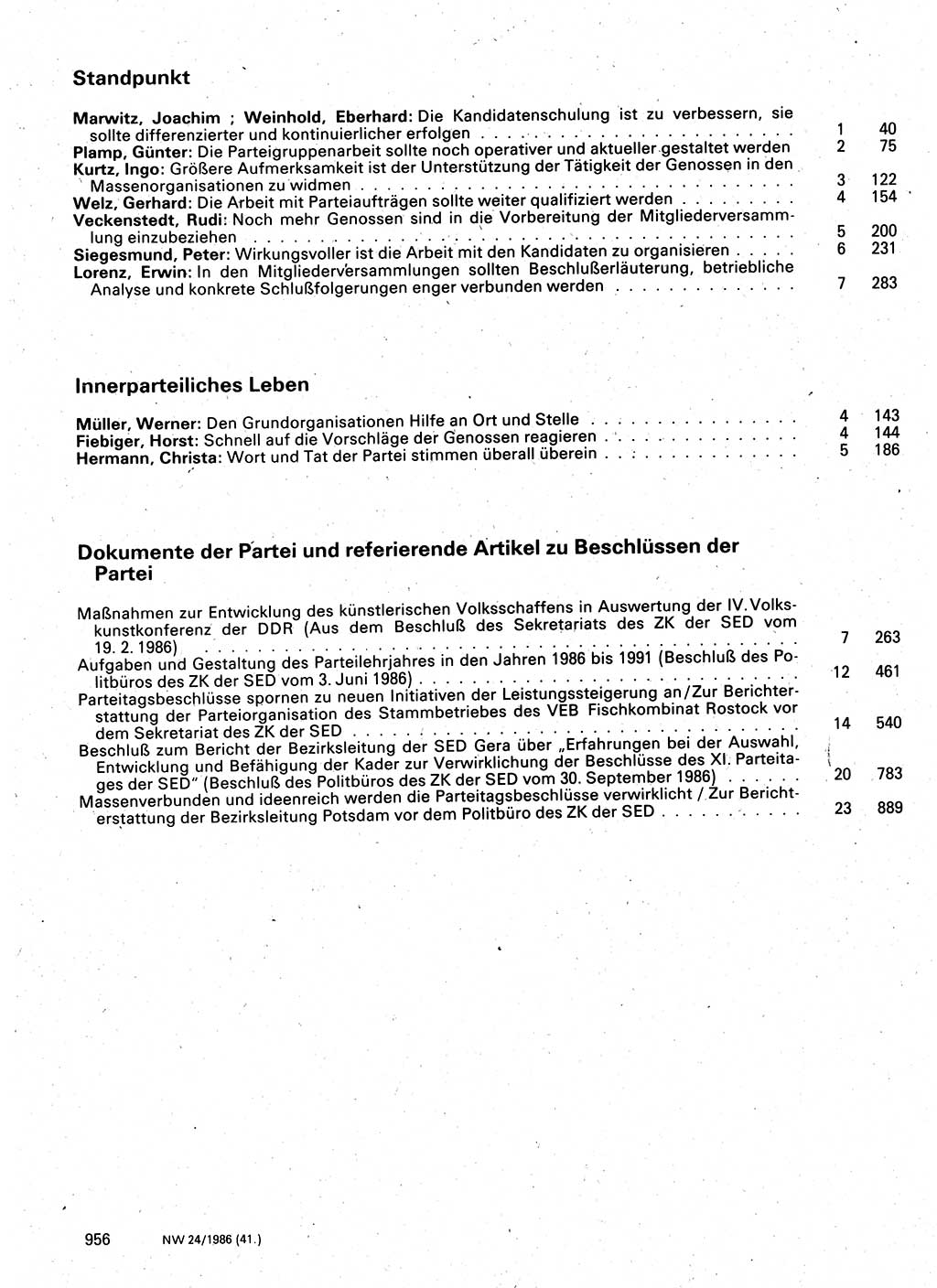 Neuer Weg (NW), Organ des Zentralkomitees (ZK) der SED (Sozialistische Einheitspartei Deutschlands) für Fragen des Parteilebens, 41. Jahrgang [Deutsche Demokratische Republik (DDR)] 1986, Seite 956 (NW ZK SED DDR 1986, S. 956)