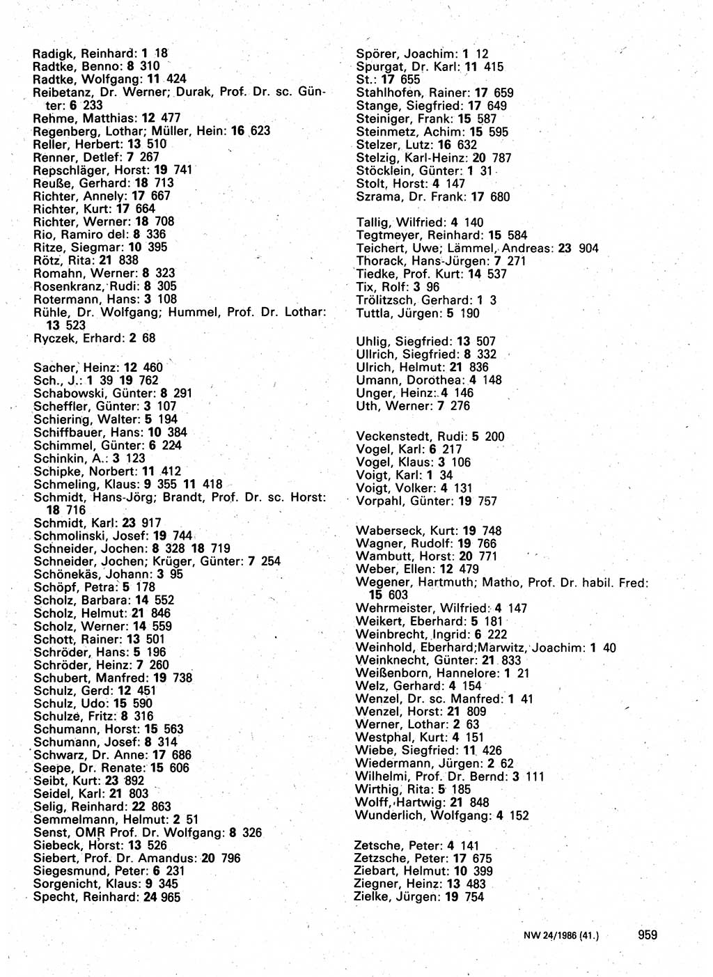 Neuer Weg (NW), Organ des Zentralkomitees (ZK) der SED (Sozialistische Einheitspartei Deutschlands) für Fragen des Parteilebens, 41. Jahrgang [Deutsche Demokratische Republik (DDR)] 1986, Seite 959 (NW ZK SED DDR 1986, S. 959)