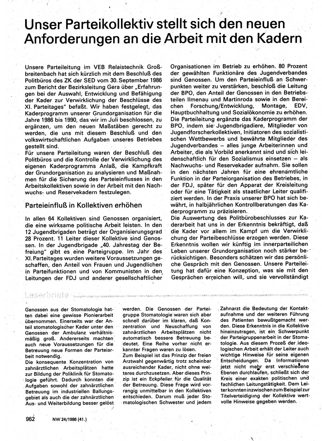 Neuer Weg (NW), Organ des Zentralkomitees (ZK) der SED (Sozialistische Einheitspartei Deutschlands) für Fragen des Parteilebens, 41. Jahrgang [Deutsche Demokratische Republik (DDR)] 1986, Seite 962 (NW ZK SED DDR 1986, S. 962)