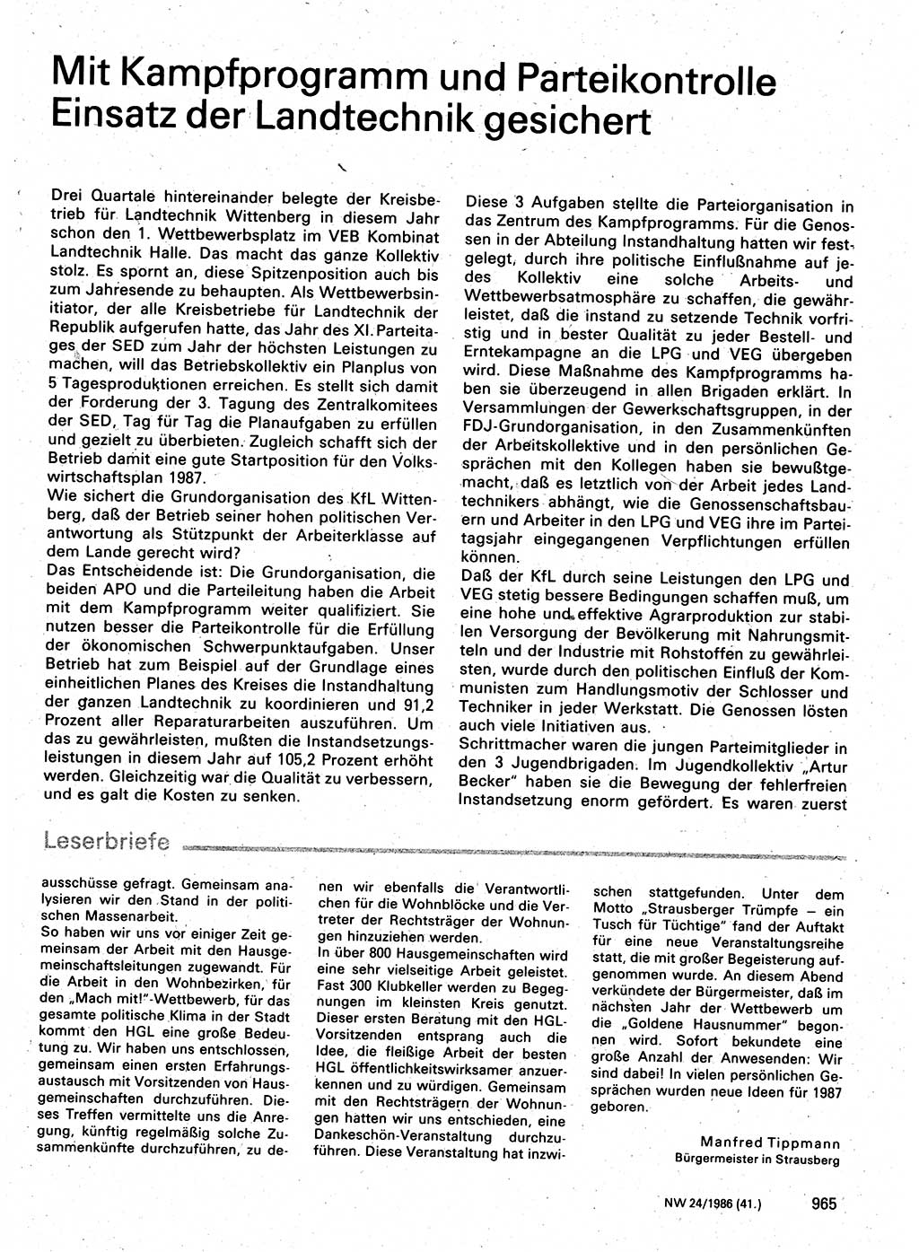 Neuer Weg (NW), Organ des Zentralkomitees (ZK) der SED (Sozialistische Einheitspartei Deutschlands) für Fragen des Parteilebens, 41. Jahrgang [Deutsche Demokratische Republik (DDR)] 1986, Seite 965 (NW ZK SED DDR 1986, S. 965)