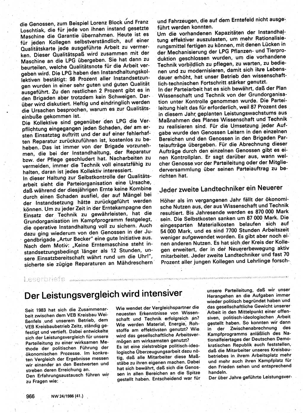 Neuer Weg (NW), Organ des Zentralkomitees (ZK) der SED (Sozialistische Einheitspartei Deutschlands) für Fragen des Parteilebens, 41. Jahrgang [Deutsche Demokratische Republik (DDR)] 1986, Seite 966 (NW ZK SED DDR 1986, S. 966)