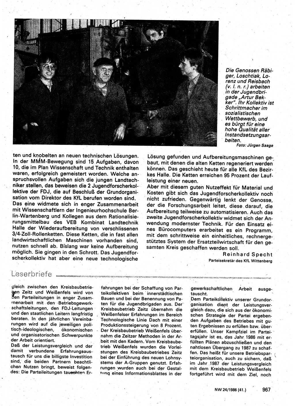 Neuer Weg (NW), Organ des Zentralkomitees (ZK) der SED (Sozialistische Einheitspartei Deutschlands) für Fragen des Parteilebens, 41. Jahrgang [Deutsche Demokratische Republik (DDR)] 1986, Seite 967 (NW ZK SED DDR 1986, S. 967)
