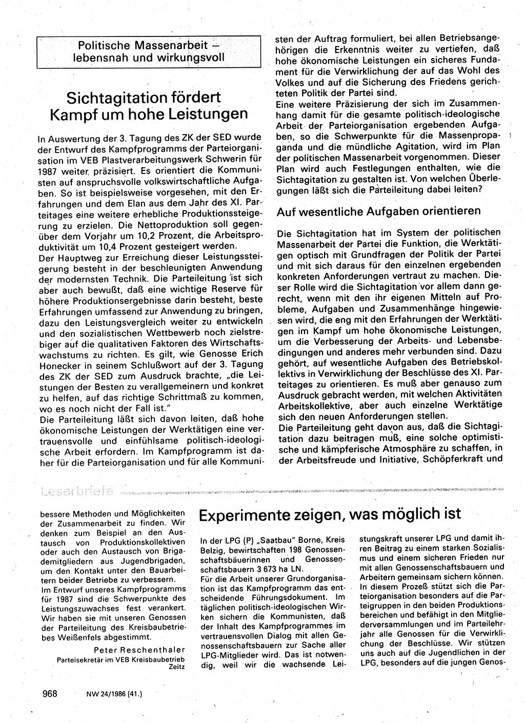 Neuer Weg (NW), Organ des Zentralkomitees (ZK) der SED (Sozialistische Einheitspartei Deutschlands) für Fragen des Parteilebens, 41. Jahrgang [Deutsche Demokratische Republik (DDR)] 1986, Seite 968 (NW ZK SED DDR 1986, S. 968)