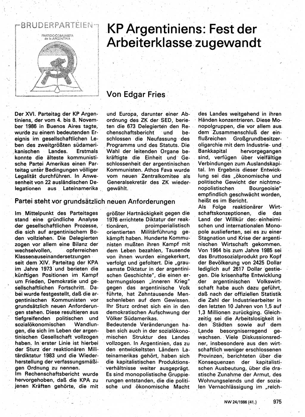 Neuer Weg (NW), Organ des Zentralkomitees (ZK) der SED (Sozialistische Einheitspartei Deutschlands) für Fragen des Parteilebens, 41. Jahrgang [Deutsche Demokratische Republik (DDR)] 1986, Seite 975 (NW ZK SED DDR 1986, S. 975)