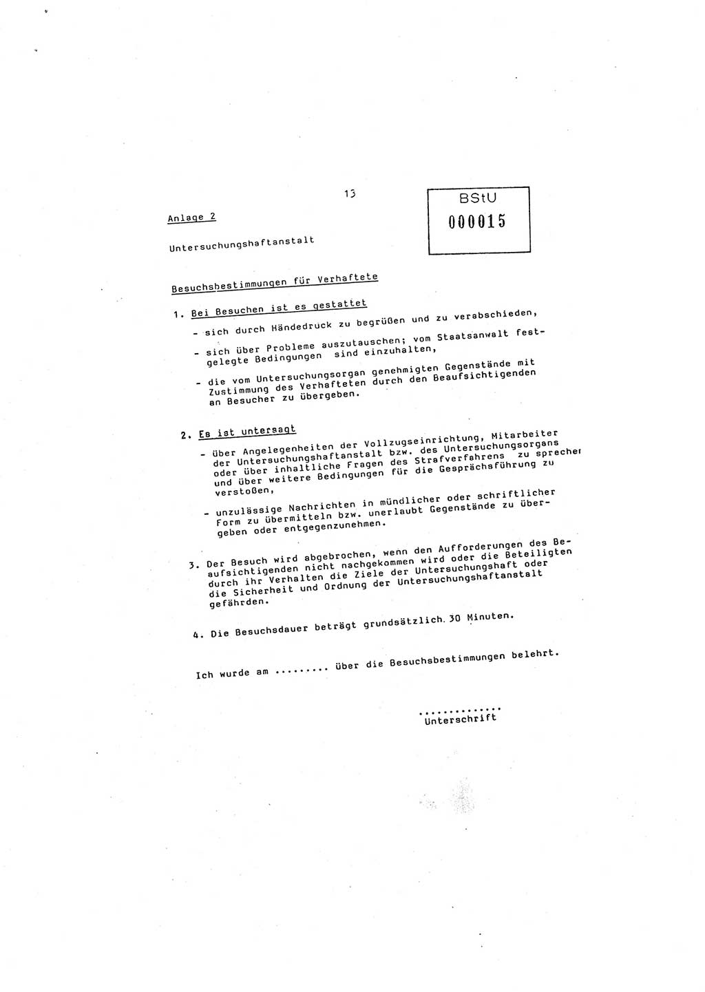 Ordnung Nr. 2/86 zur Organisierung, Durchführung und Kontrolle des Besucherverkehrs in den Untersuchungshaftanstalten (UHA) des MfS, Besucherordnung, Ministerium für Staatssicherheit (MfS) [Deutsche Demokratische Republik (DDR)], Abteilung ⅩⅣ, Leiter, Vertrauliche Verschlußsache (VVS) o008-15/86, Berlin, 29.1.1986, Seite 13 (Ordn. 2/86 MfS DDR Abt. ⅩⅣ Ltr. VVS o008-15/86 1986, S. 13)