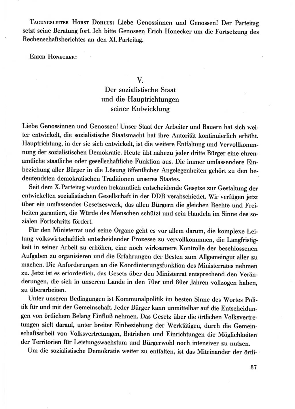 Protokoll der Verhandlungen des Ⅺ. Parteitages der Sozialistischen Einheitspartei Deutschlands (SED) [Deutsche Demokratische Republik (DDR)] 1986, Seite 87