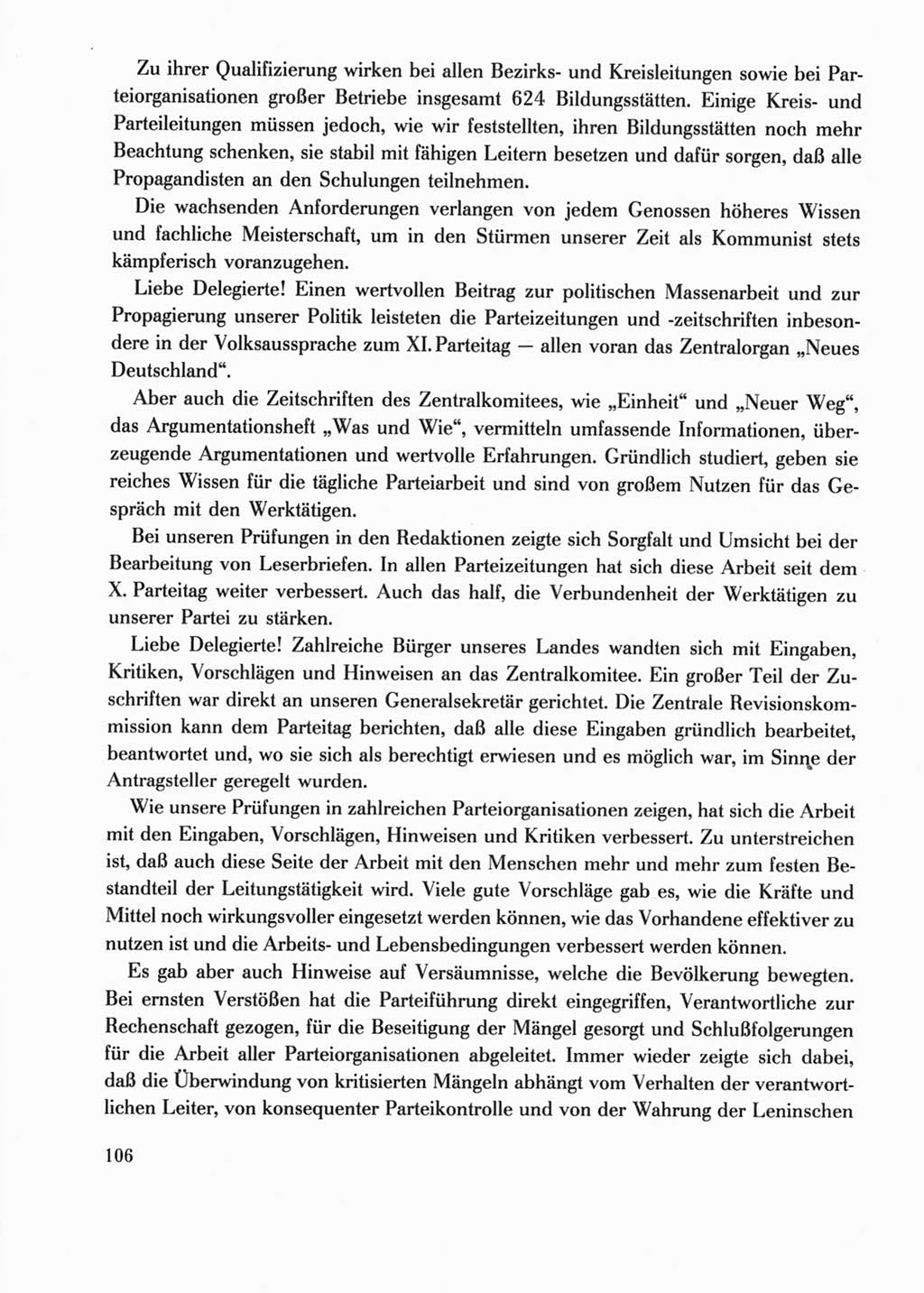 Protokoll der Verhandlungen des Ⅺ. Parteitages der Sozialistischen Einheitspartei Deutschlands (SED) [Deutsche Demokratische Republik (DDR)] 1986, Seite 106