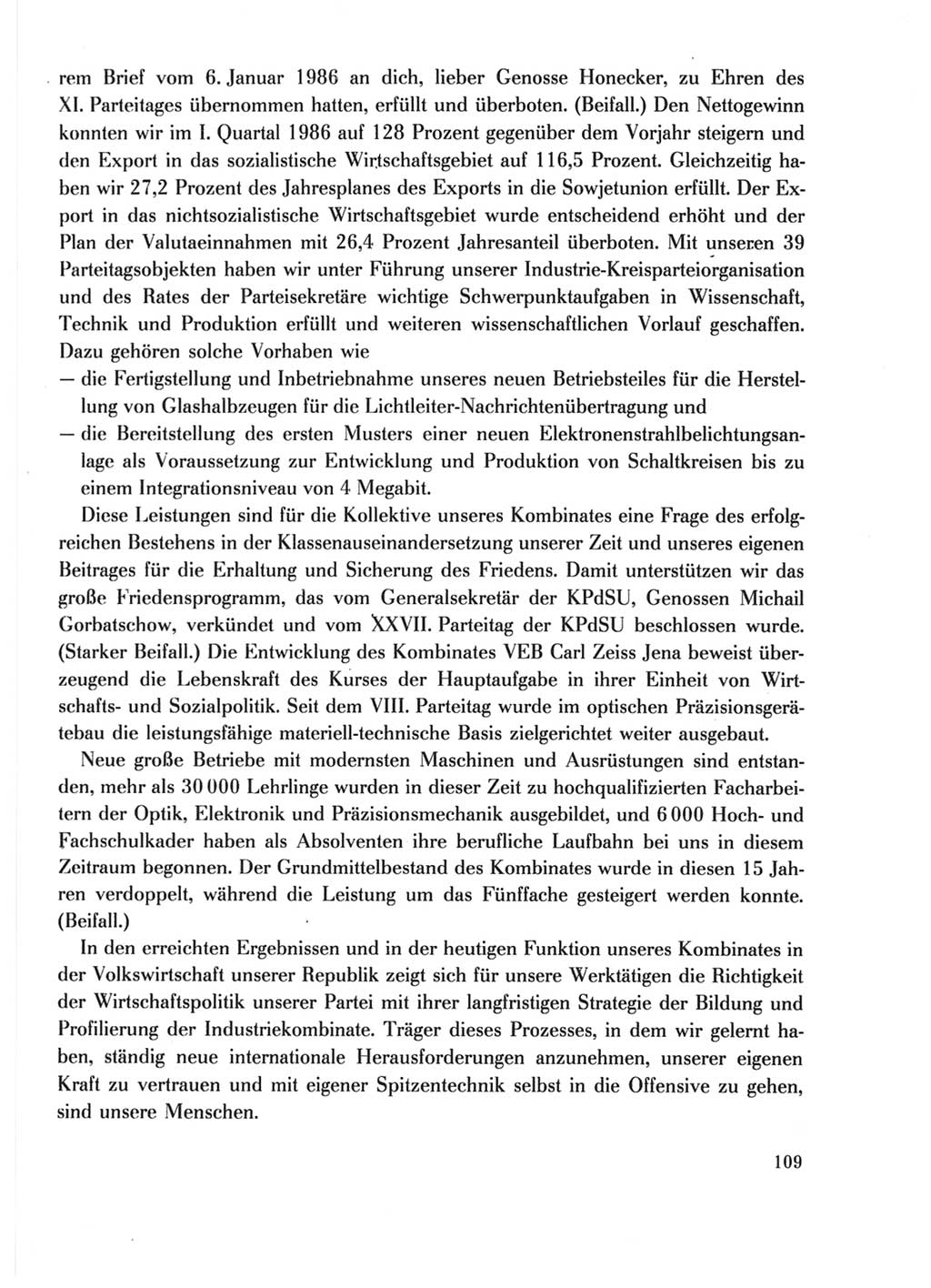 Protokoll der Verhandlungen des Ⅺ. Parteitages der Sozialistischen Einheitspartei Deutschlands (SED) [Deutsche Demokratische Republik (DDR)] 1986, Seite 109