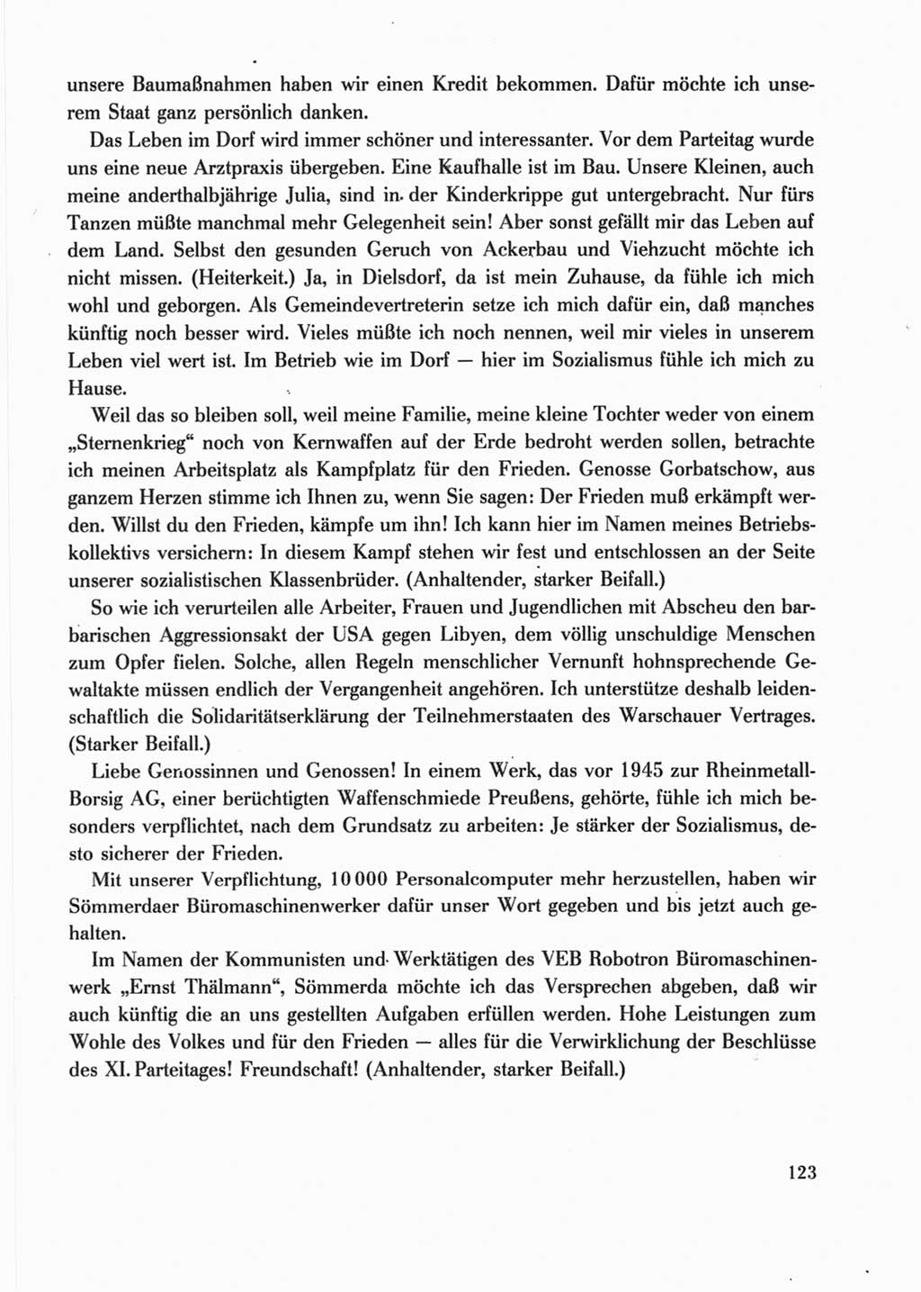 Protokoll der Verhandlungen des Ⅺ. Parteitages der Sozialistischen Einheitspartei Deutschlands (SED) [Deutsche Demokratische Republik (DDR)] 1986, Seite 123